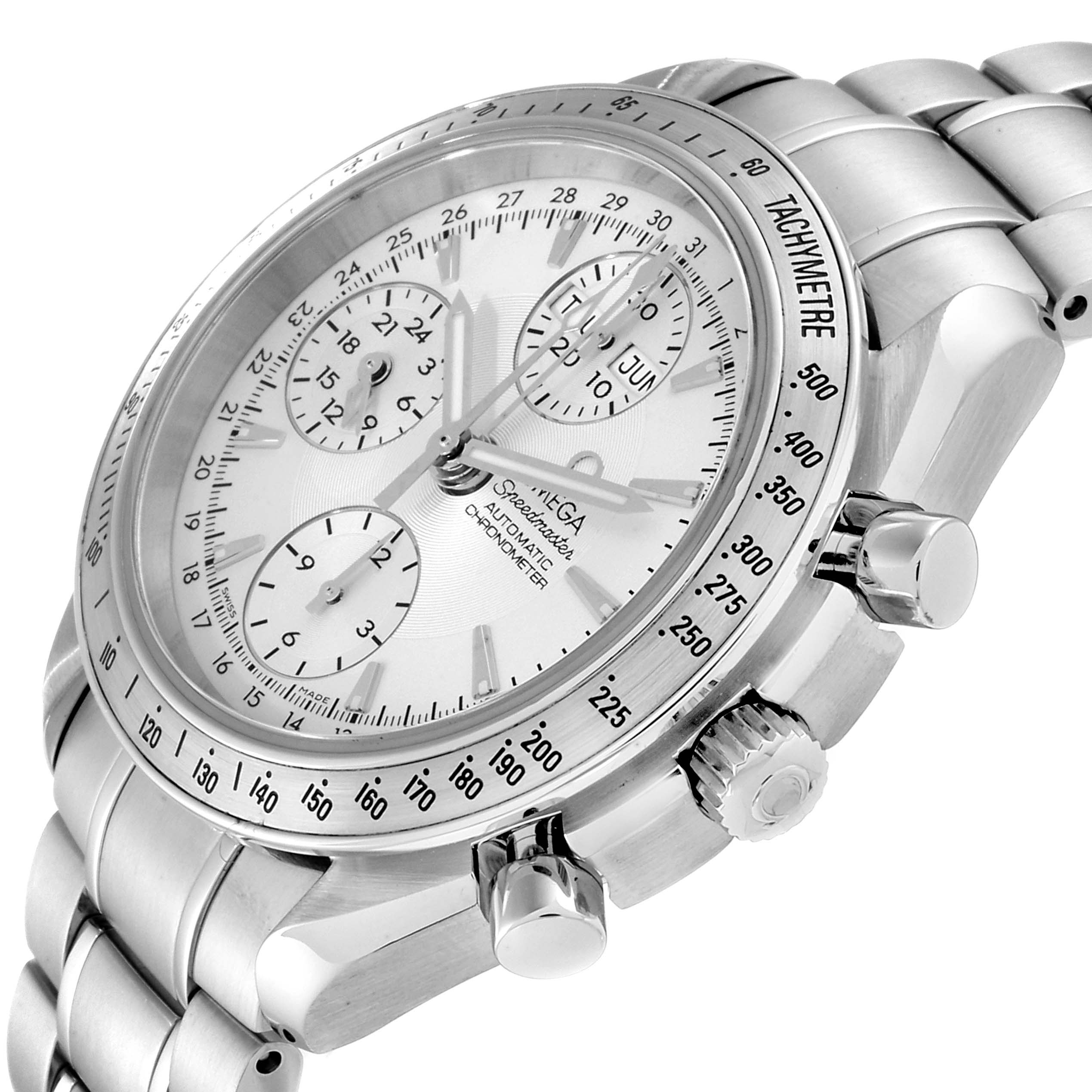 The Omega Speedmaster 3521.30.00 Men's Stainless Steel Silver Dial 3521.30.00 Men's Stainless Steel Silver Dial watch is shown in a close-up at an angled view, highlighting the face, crown, and chronograph pushers.