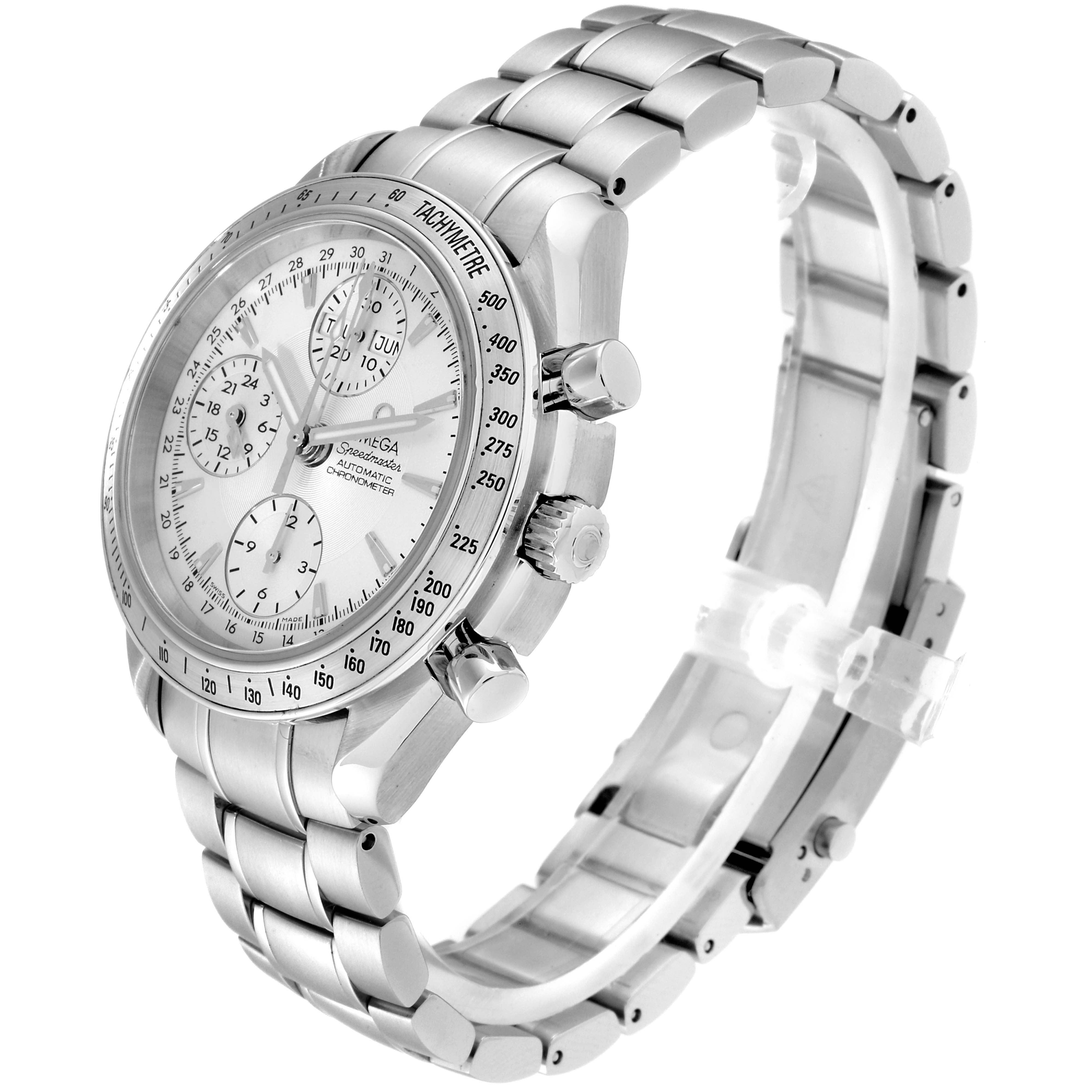 The Omega Speedmaster 3521.30.00 Men's Stainless Steel Silver Dial 3521.30.00 Men's Stainless Steel Silver Dial watch is shown at a three-quarter angle, highlighting the dial, bezel, side buttons, and stainless steel bracelet.