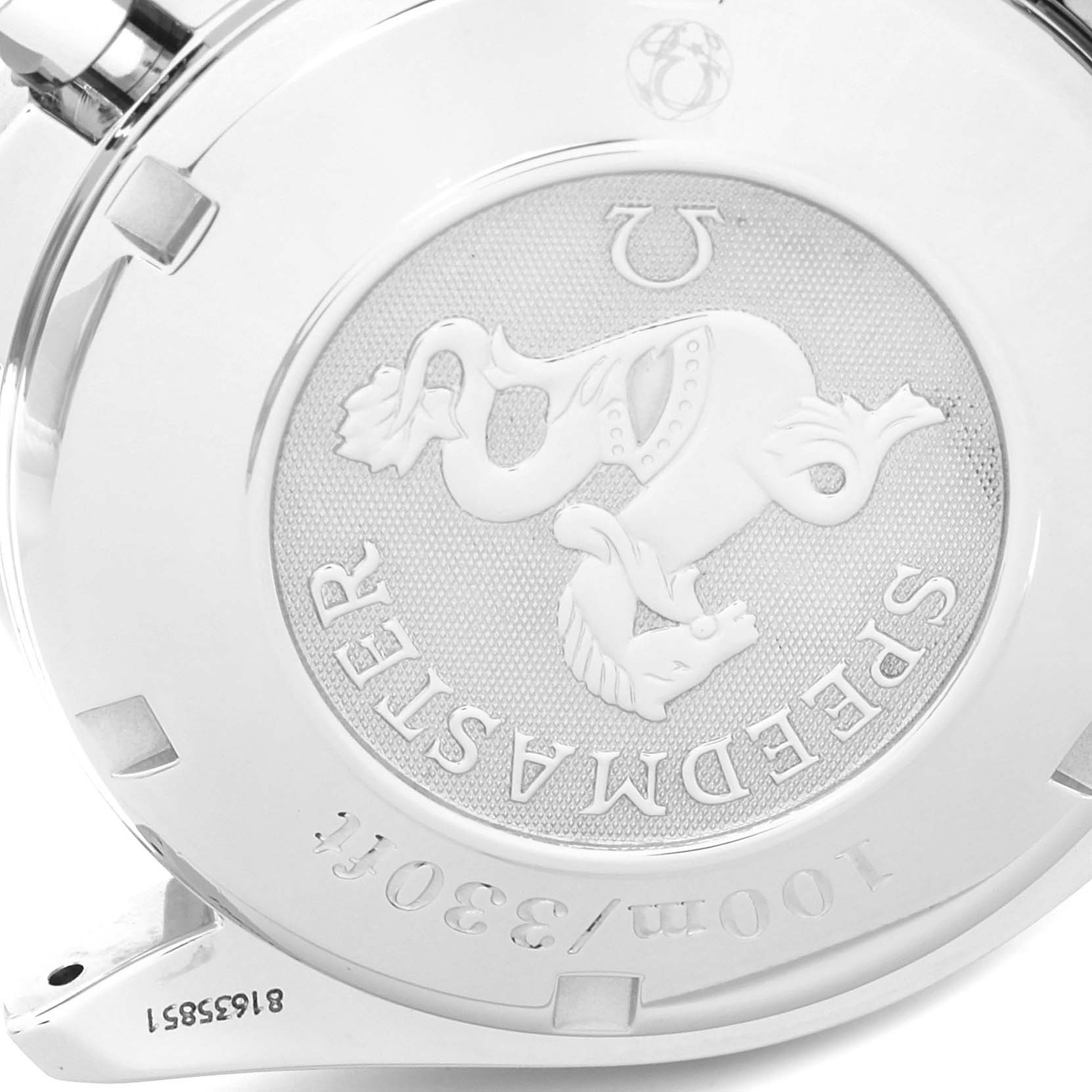 The image shows the backside of an Omega Speedmaster 3521.30.00 Men's Stainless Steel Silver Dial 3521.30.00 Men's Stainless Steel Silver Dial watch, highlighting the embossed logo and specifications.