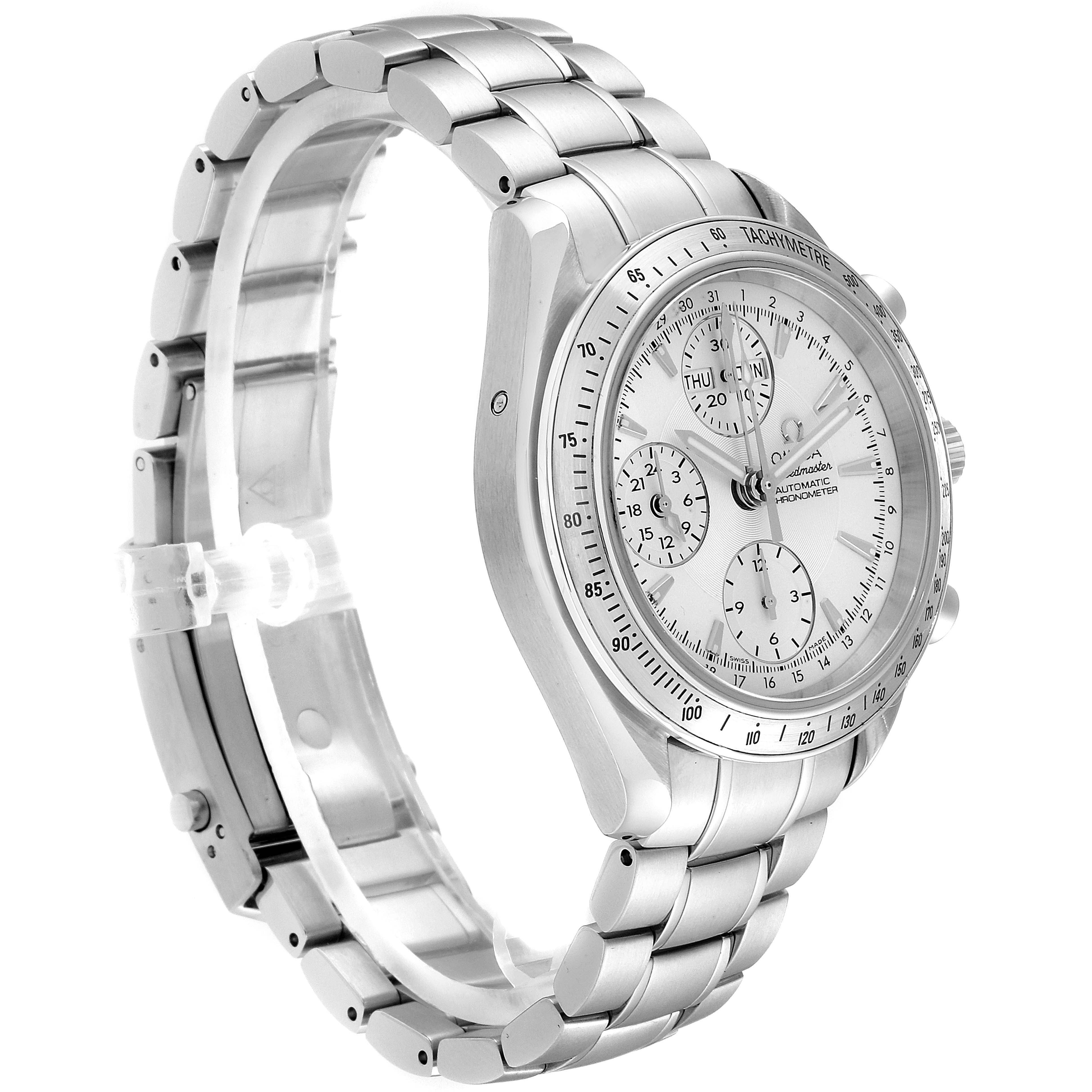 The image shows a side-angle view of the Omega Speedmaster 3521.30.00 Men's Stainless Steel Silver Dial 3521.30.00 Men's Stainless Steel Silver Dial watch, highlighting the face, case, and metal bracelet.