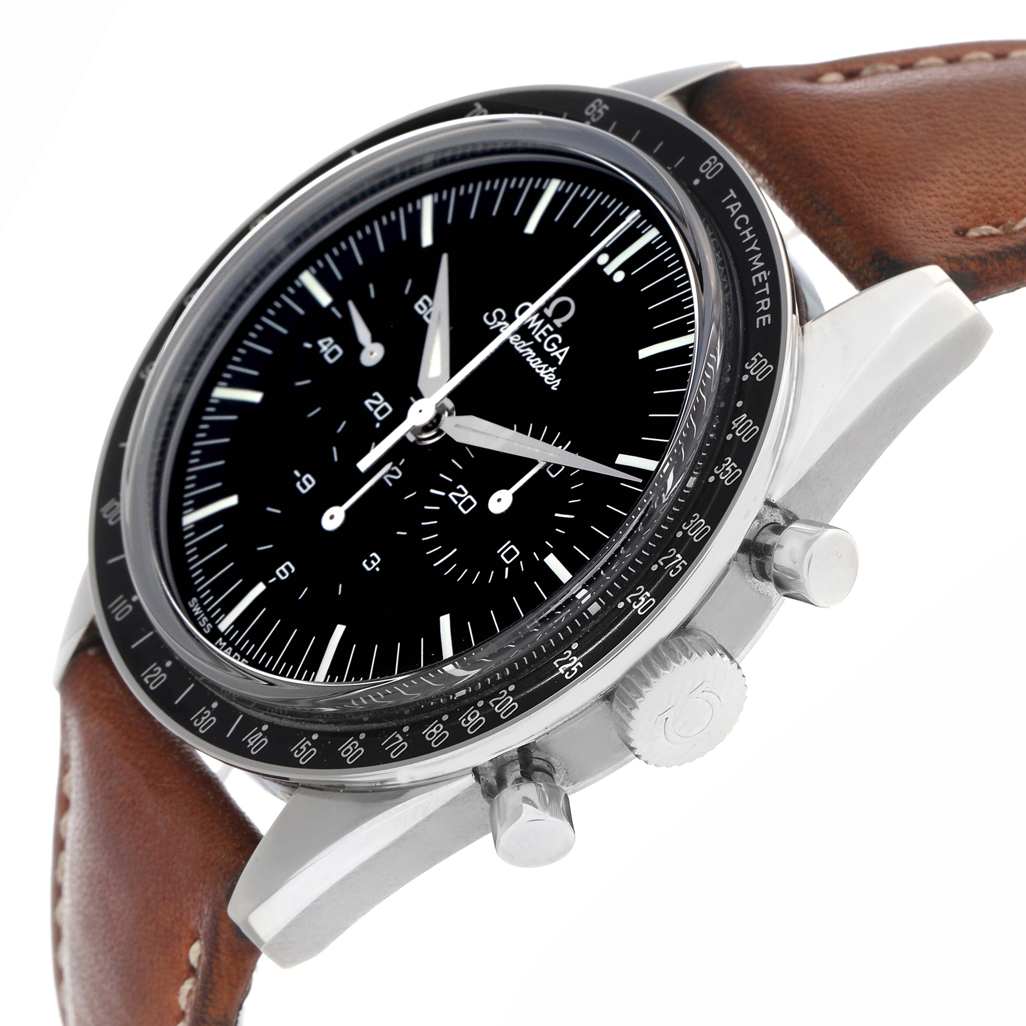 The Omega Speedmaster 311.32.40.30.01.001 Men
s Stainless Steel Black Dial 311.32.40.30.01.001 Men
s Stainless Steel Black Dial watch is shown from a slight side angle, highlighting the bezel, dial, crown, and leather strap.