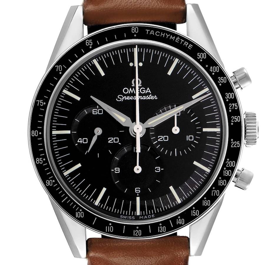 The Omega Speedmaster watch is shown from the front, displaying the face, bezel, and two side buttons with a brown leather strap.
