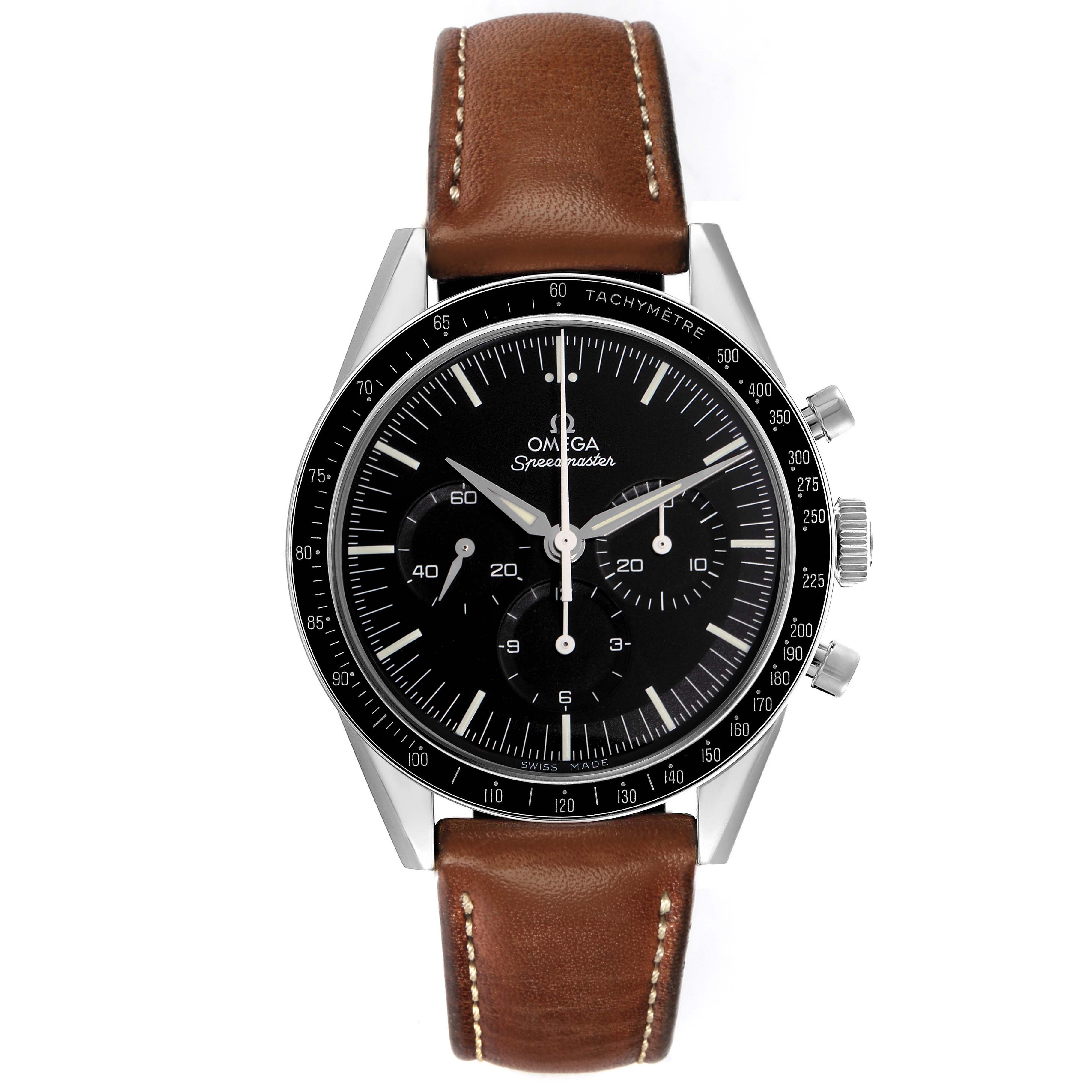 The Omega Speedmaster 311.32.40.30.01.001 Men
s Stainless Steel Black Dial 311.32.40.30.01.001 Men
s Stainless Steel Black Dial watch is shown from a front angle, highlighting the face, bezel, subdials, and brown leather strap.
