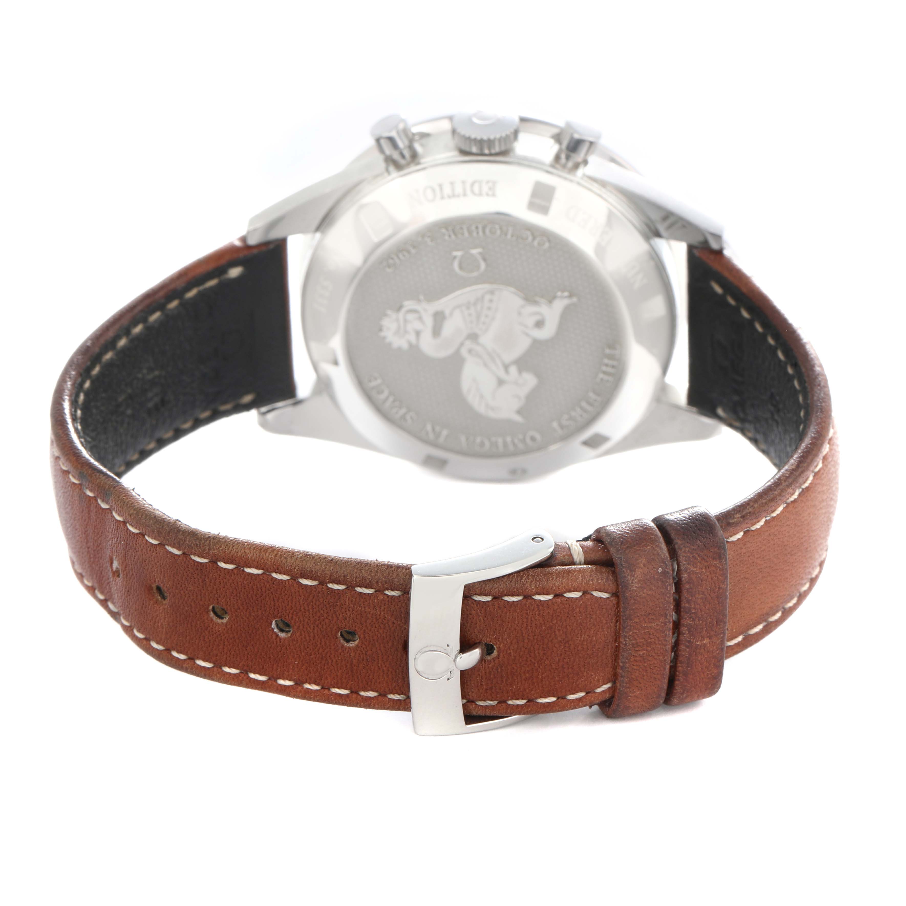 The Omega Speedmaster 311.32.40.30.01.001 Men
s Stainless Steel Black Dial 311.32.40.30.01.001 Men
s Stainless Steel Black Dial is shown from the back, highlighting the case back, crown, and brown leather strap with a buckle.