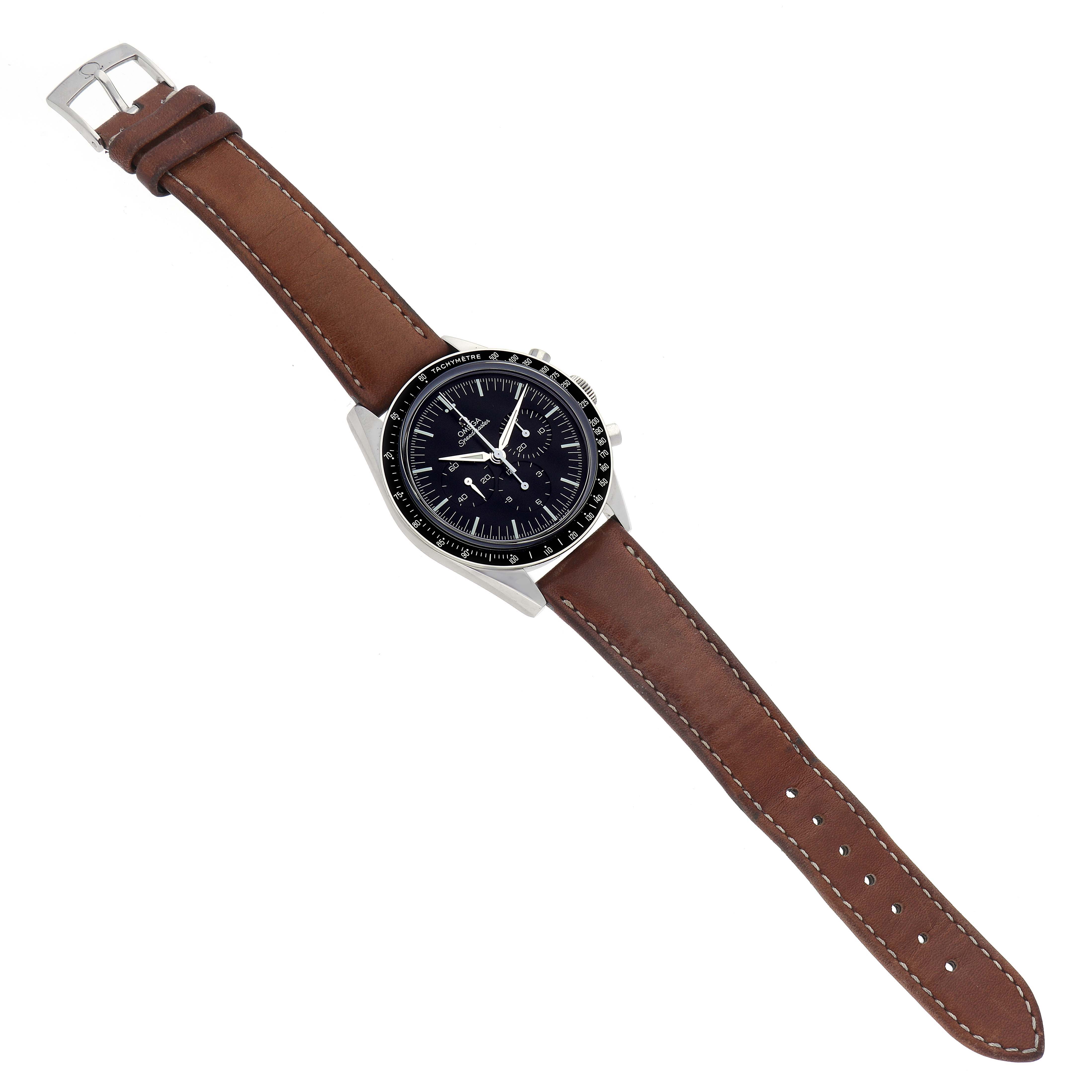 The Omega Speedmaster 311.32.40.30.01.001 Men
s Stainless Steel Black Dial 311.32.40.30.01.001 Men
s Stainless Steel Black Dial watch is shown from a top-down angle, displaying the dial, bezel, and brown leather strap.