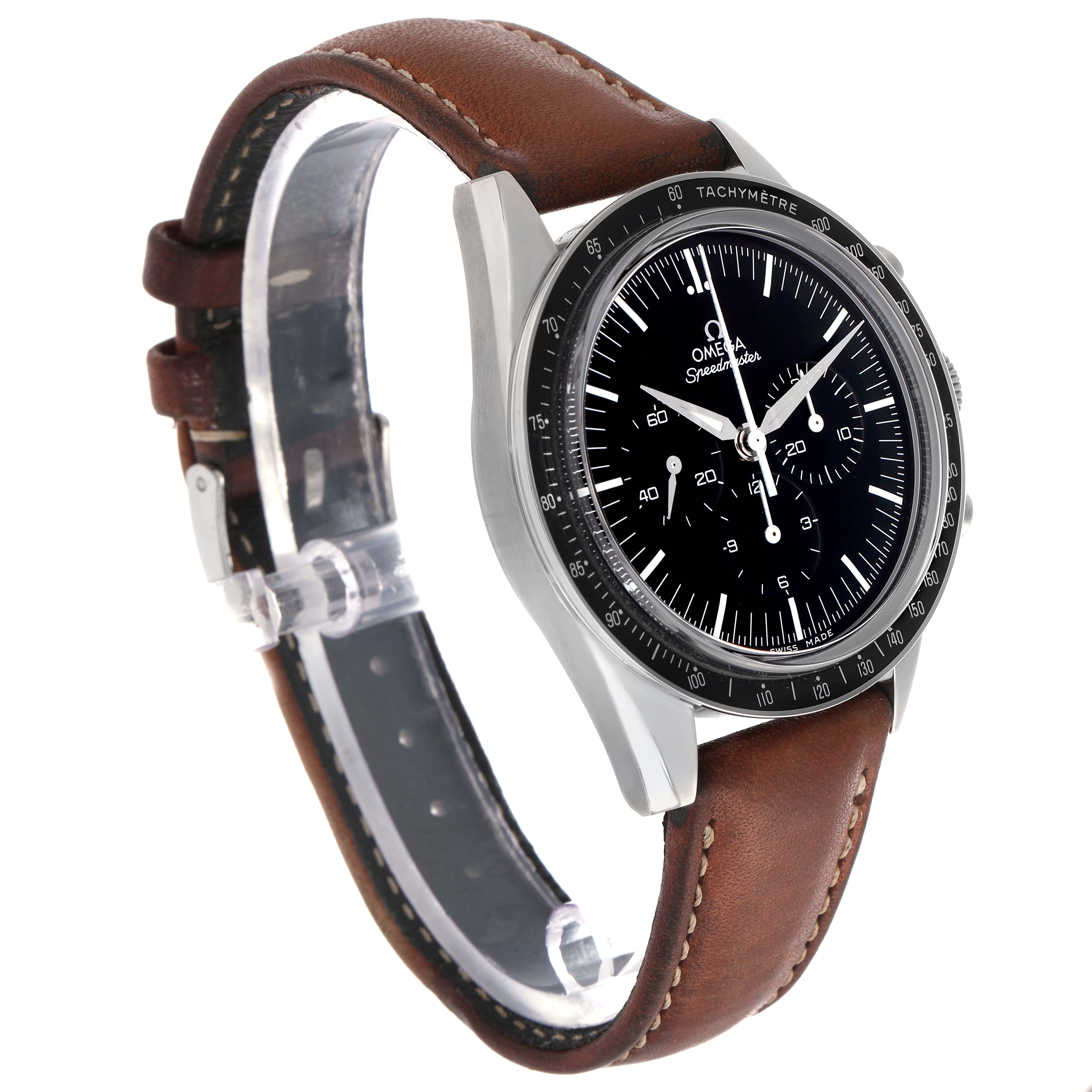 The Omega Speedmaster 311.32.40.30.01.001 Men
s Stainless Steel Black Dial 311.32.40.30.01.001 Men
s Stainless Steel Black Dial watch is shown from a three-quarter angle, highlighting the dial, tachymeter bezel, and brown leather strap.