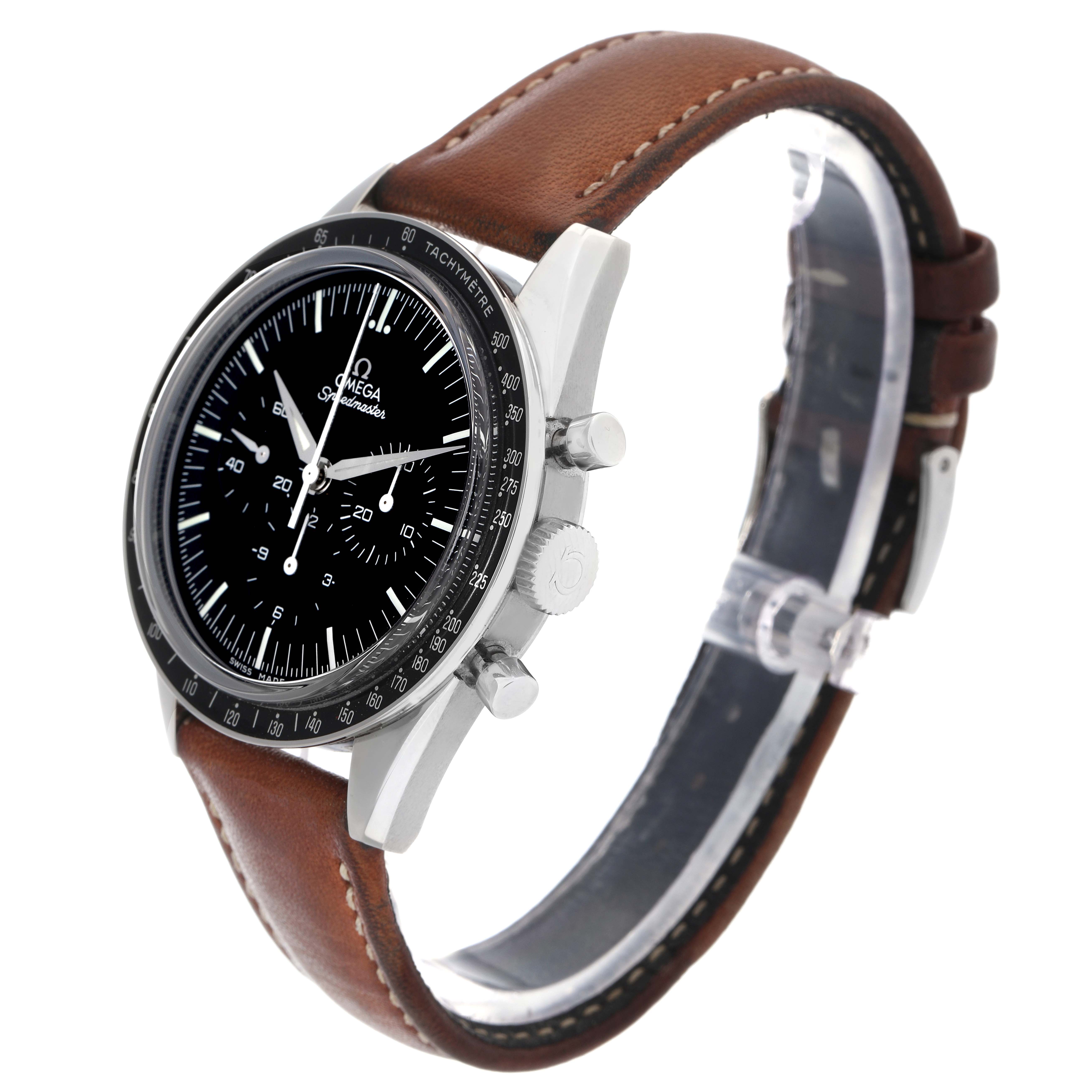 The Omega Speedmaster 311.32.40.30.01.001 Men
s Stainless Steel Black Dial 311.32.40.30.01.001 Men
s Stainless Steel Black Dial watch is shown from a side angle, displaying the face, bezel, crown, pushers, and brown leather strap.