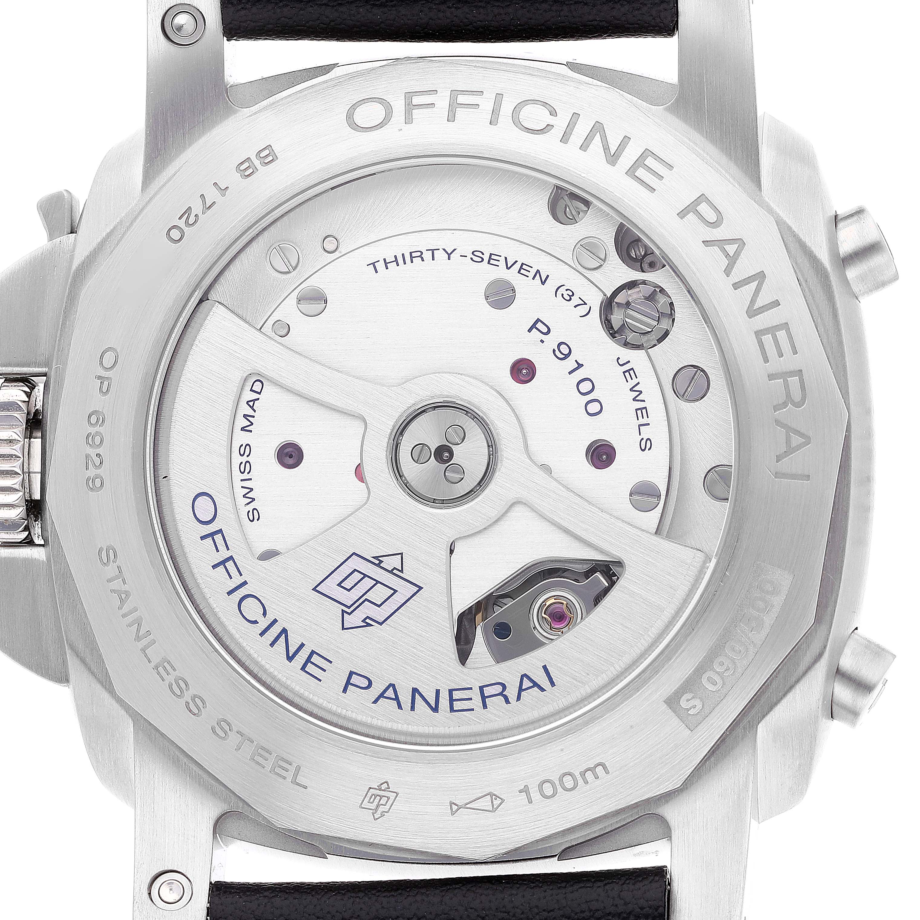 The image shows the backside of the Panerai Luminor PAM00524 Men
s Stainless Steel Black Dial PAM00524 Men
s Stainless Steel Black Dial watch, revealing its movement and internal mechanics.