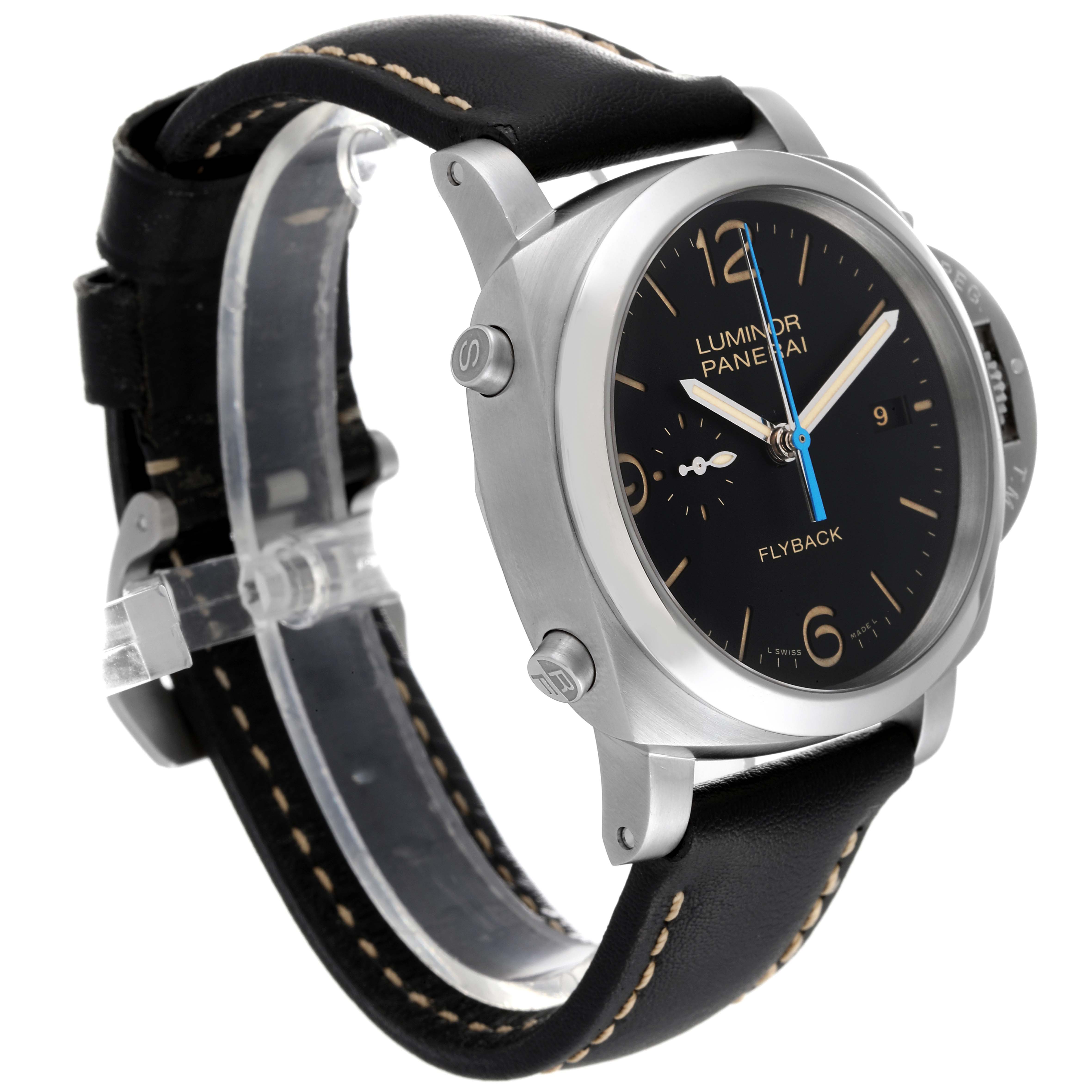 The image shows a side-angle view of a Panerai Luminor PAM00524 Men
s Stainless Steel Black Dial PAM00524 Men
s Stainless Steel Black Dial watch, highlighting the case, dial, and black leather strap.