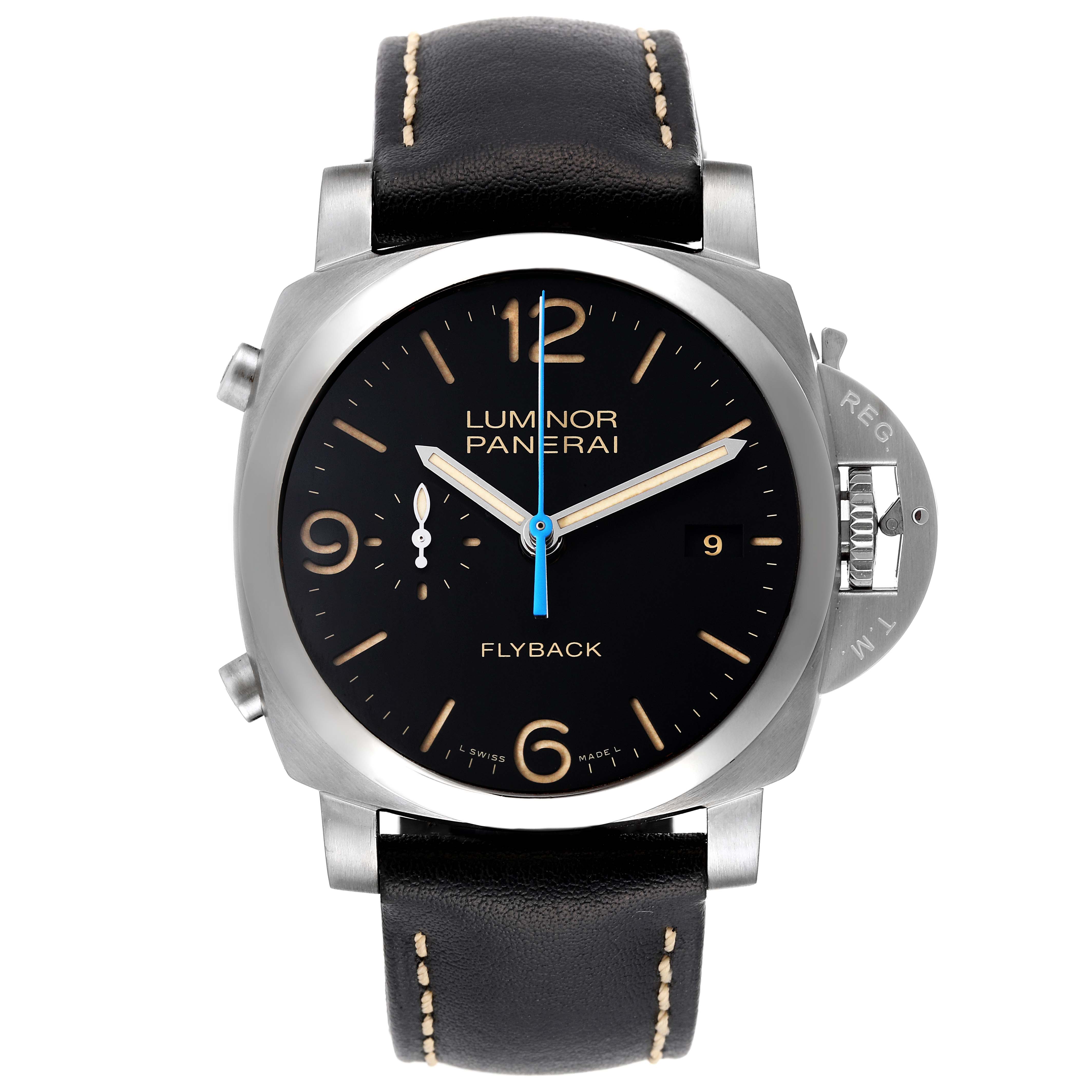 The image shows a front view of the Panerai Luminor PAM00524 Men
s Stainless Steel Black Dial PAM00524 Men
s Stainless Steel Black Dial Flyback model watch with a black leather strap and stainless steel case.