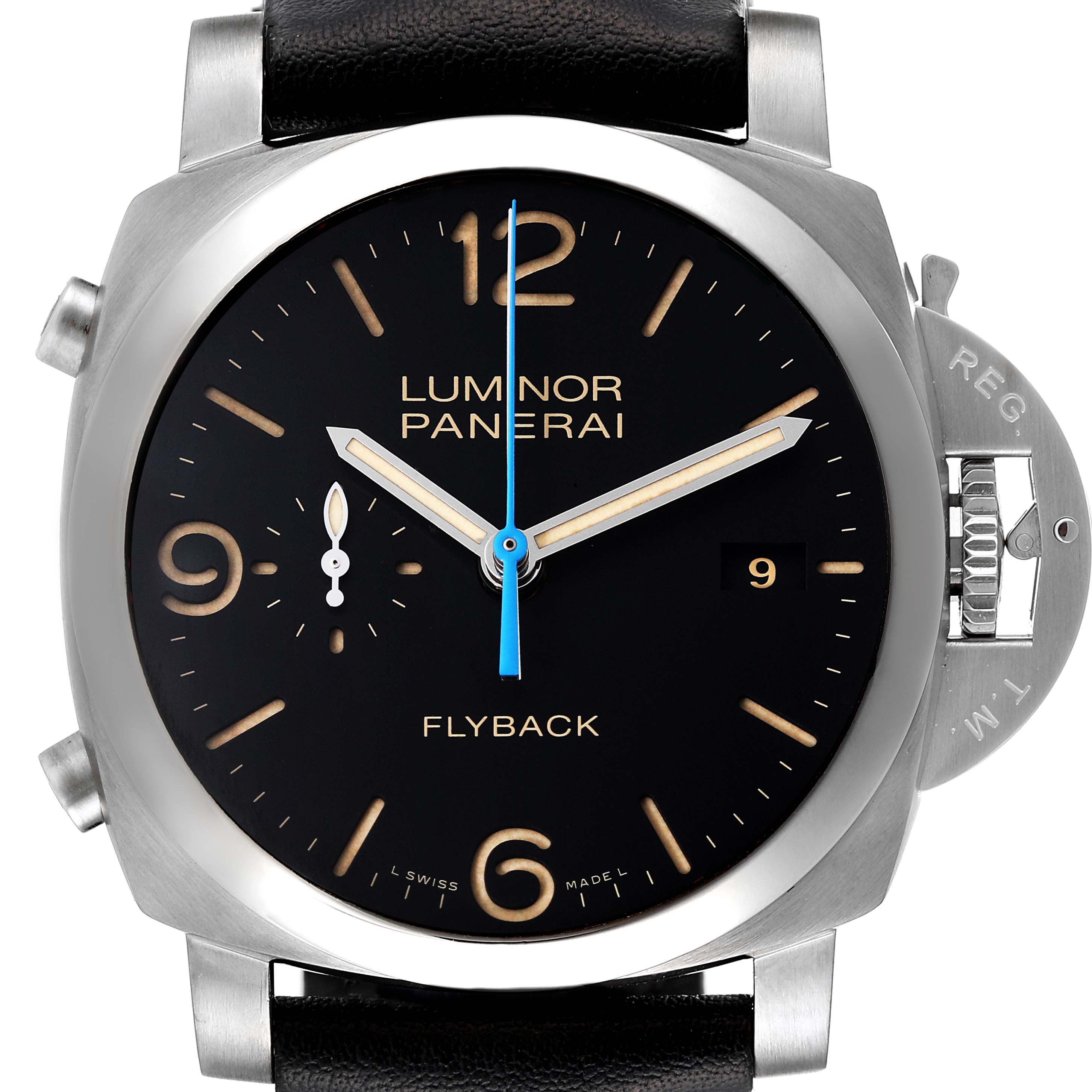The image shows a front view of a Panerai Luminor PAM00524 Men
s Stainless Steel Black Dial PAM00524 Men
s Stainless Steel Black Dial Flyback watch, highlighting the dial, hands, and crown guard.