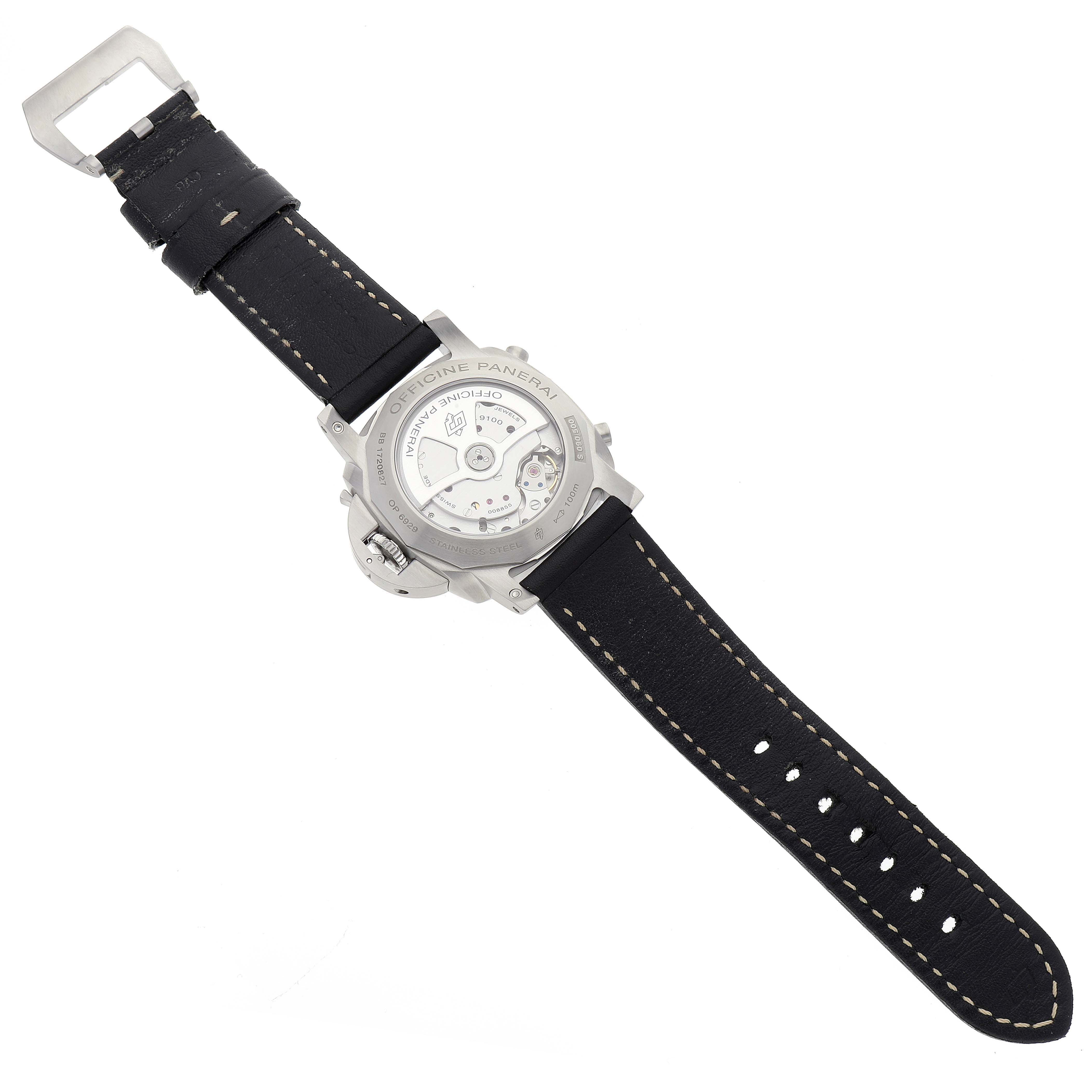 The image shows the back view of a Panerai Luminor PAM00524 Men
s Stainless Steel Black Dial PAM00524 Men
s Stainless Steel Black Dial watch, displaying its movement and strap.