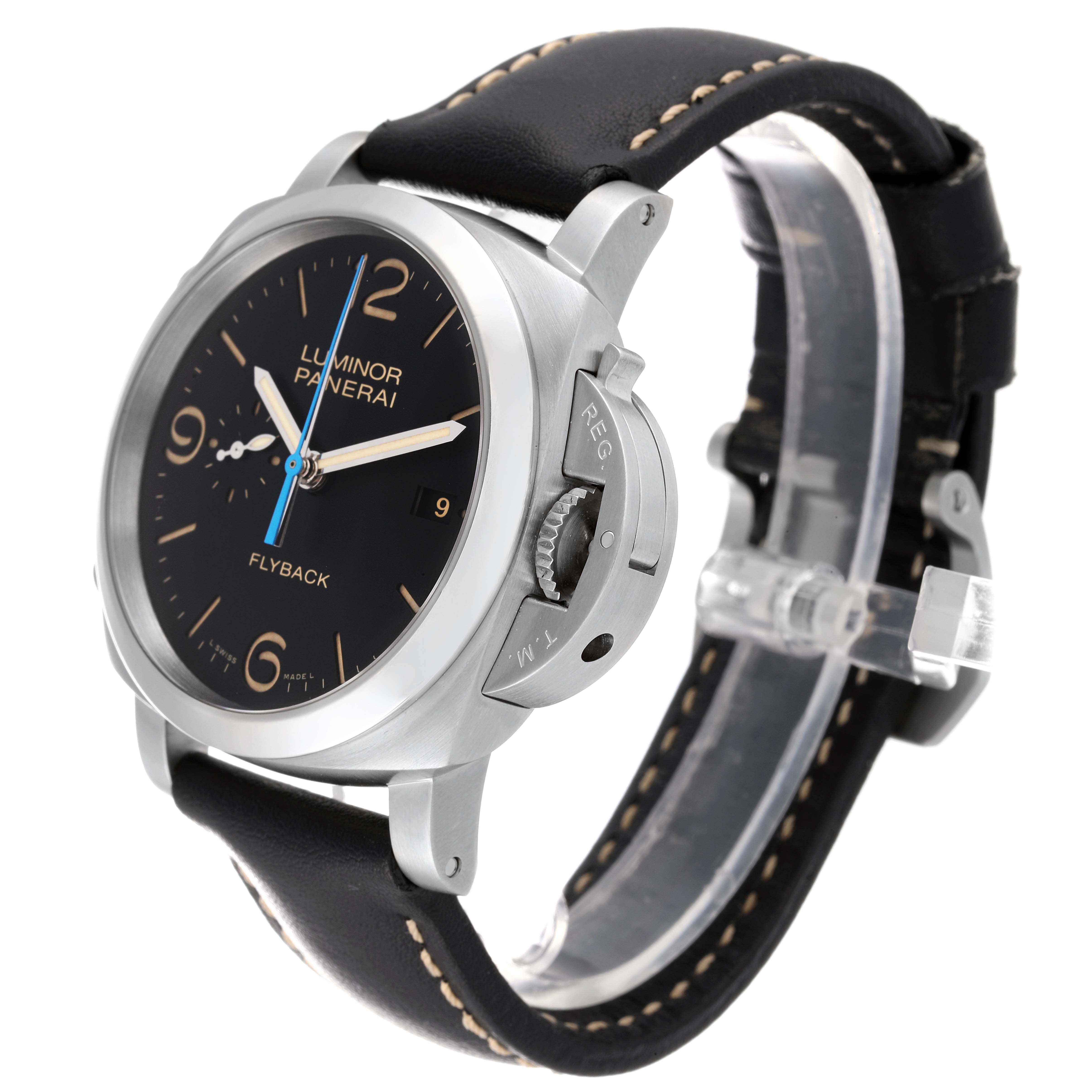 The image shows a side angle of the Panerai Luminor PAM00524 Men
s Stainless Steel Black Dial PAM00524 Men
s Stainless Steel Black Dial watch, highlighting its face, crown guard, and leather strap.