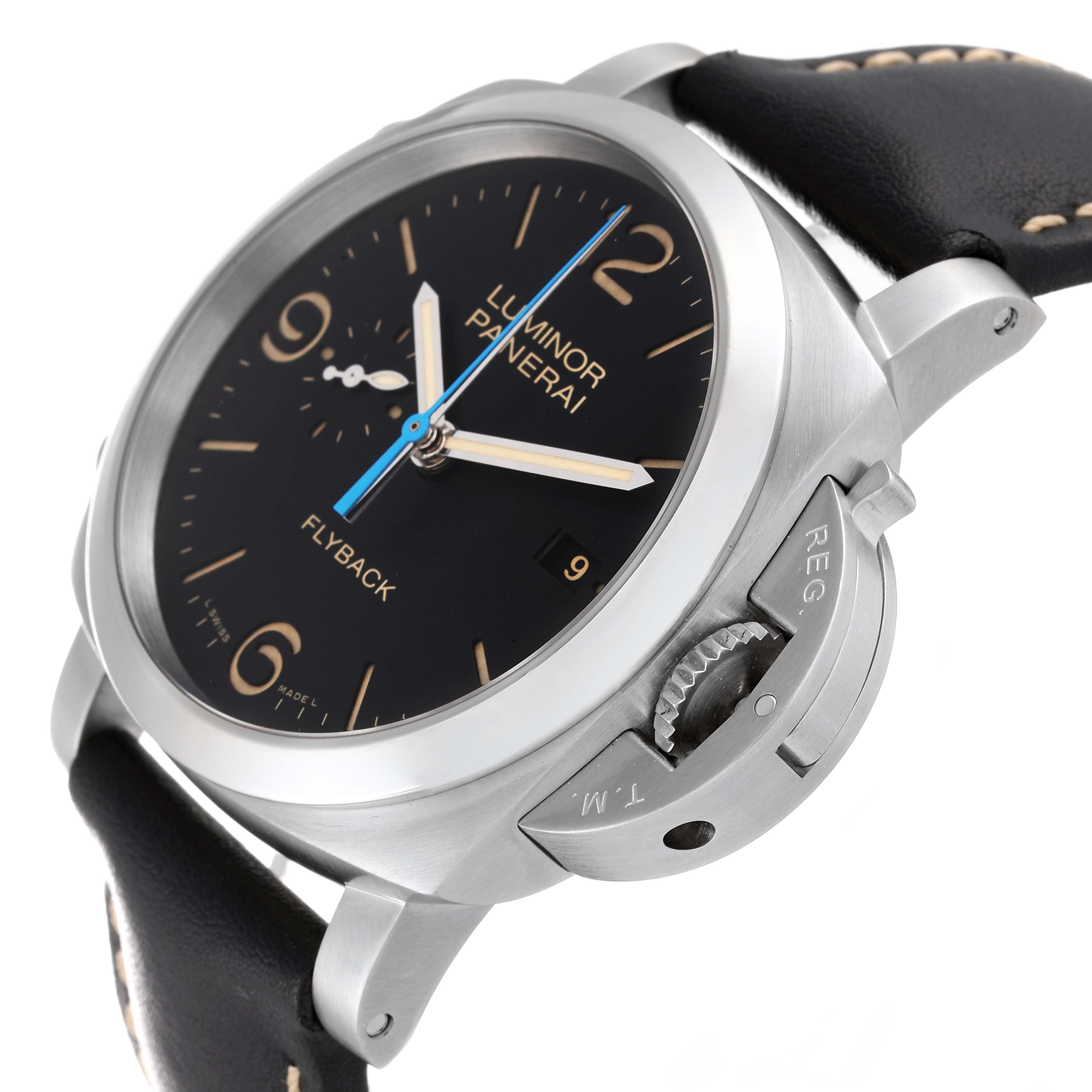 The image shows a close-up, angled view of a Panerai Luminor PAM00524 Men
s Stainless Steel Black Dial PAM00524 Men
s Stainless Steel Black Dial watch, highlighting the face, case, crown guard, and leather strap.