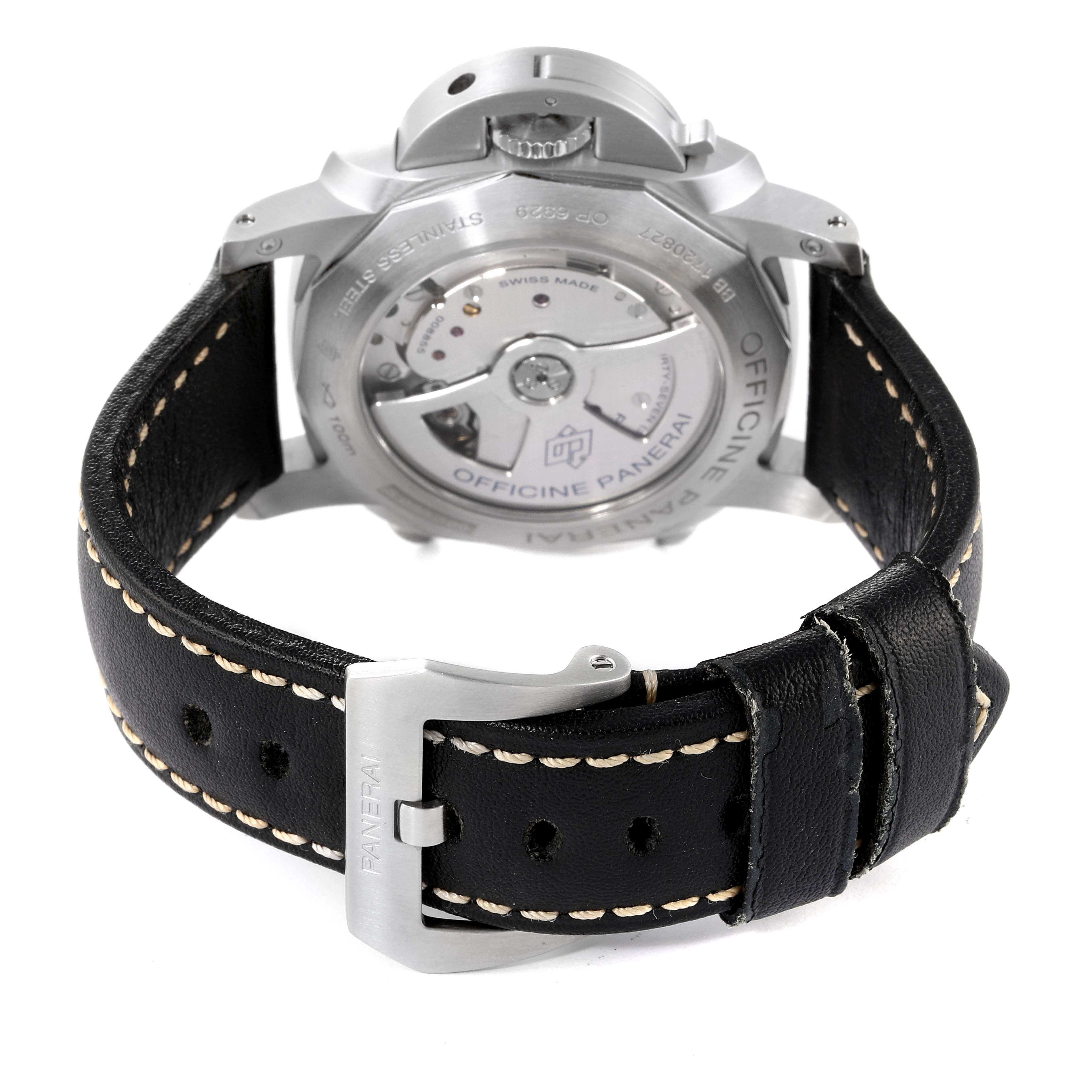 This image displays the back view of a Panerai Luminor PAM00524 Men
s Stainless Steel Black Dial PAM00524 Men
s Stainless Steel Black Dial watch, showcasing the movement mechanism and leather strap.