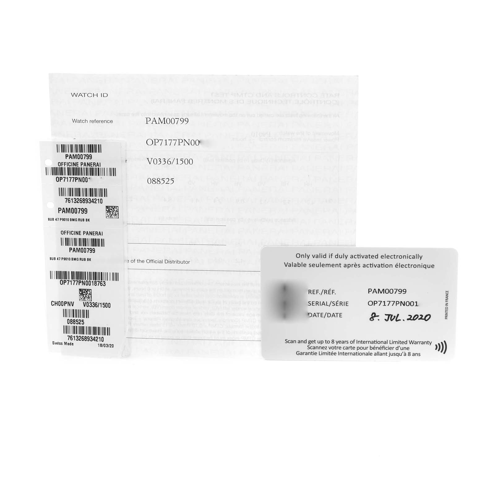 The image shows warranty cards, labels, and a booklet for the Panerai Submersible PAM00799 Men's Titanium Black Dial PAM00799 Men's Titanium Black Dial model PAM00799.