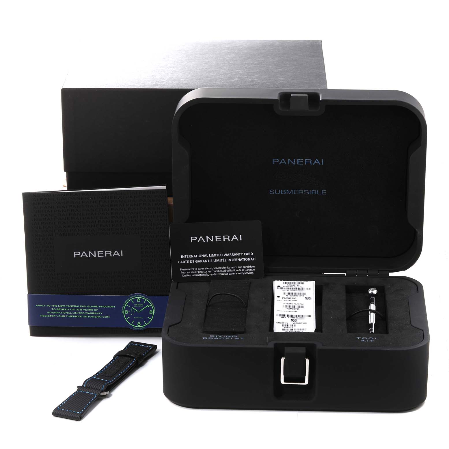 This image shows a Panerai Submersible PAM00799 Men's Titanium Black Dial PAM00799 Men's Titanium Black Dial watch box with accessories, warranty card, and an extra strap from a front angle.