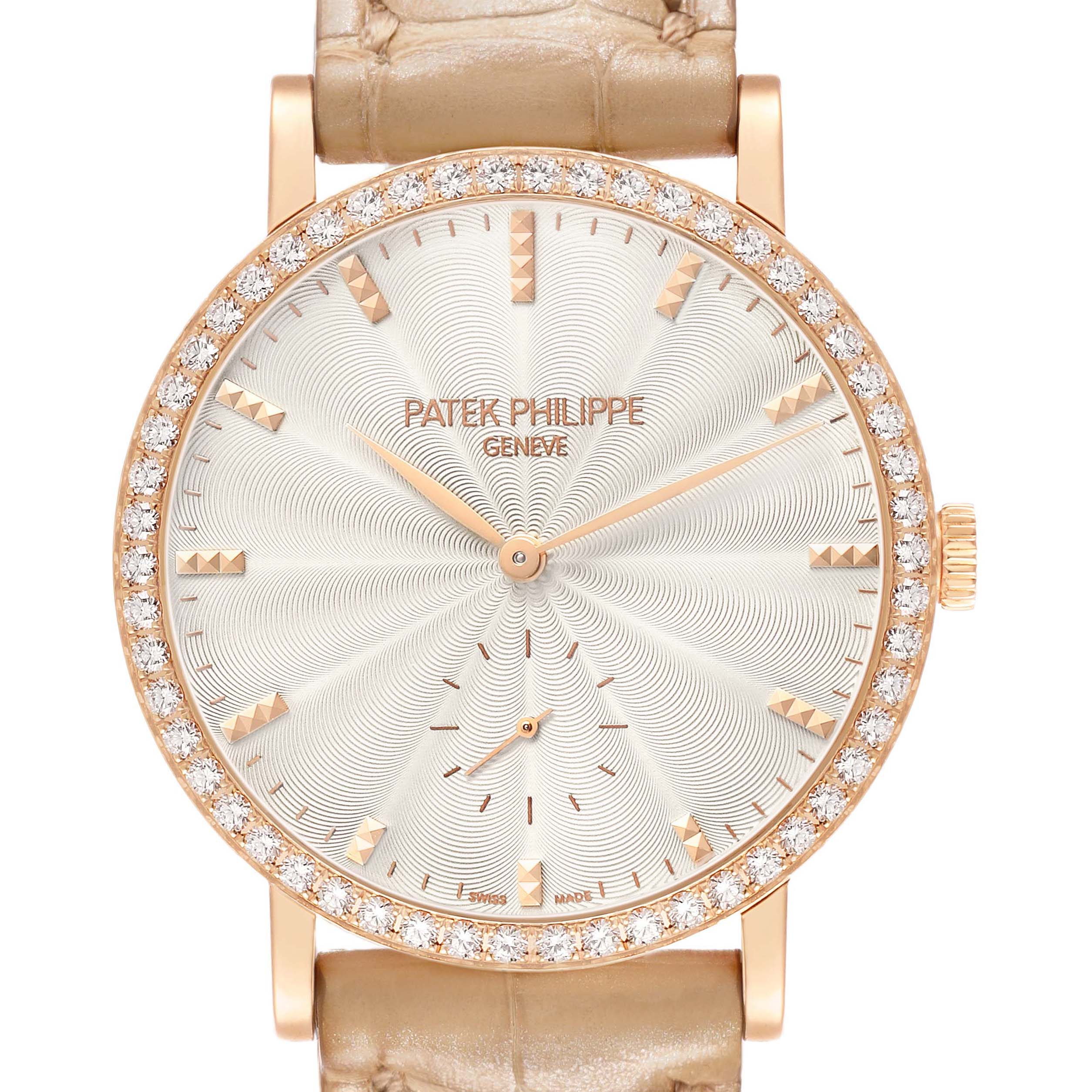 The image shows a Patek Philippe Calatrava 7120R-001 Women's Rose Gold Beige Dial watch from a front angle, highlighting its diamond bezel and textured dial.