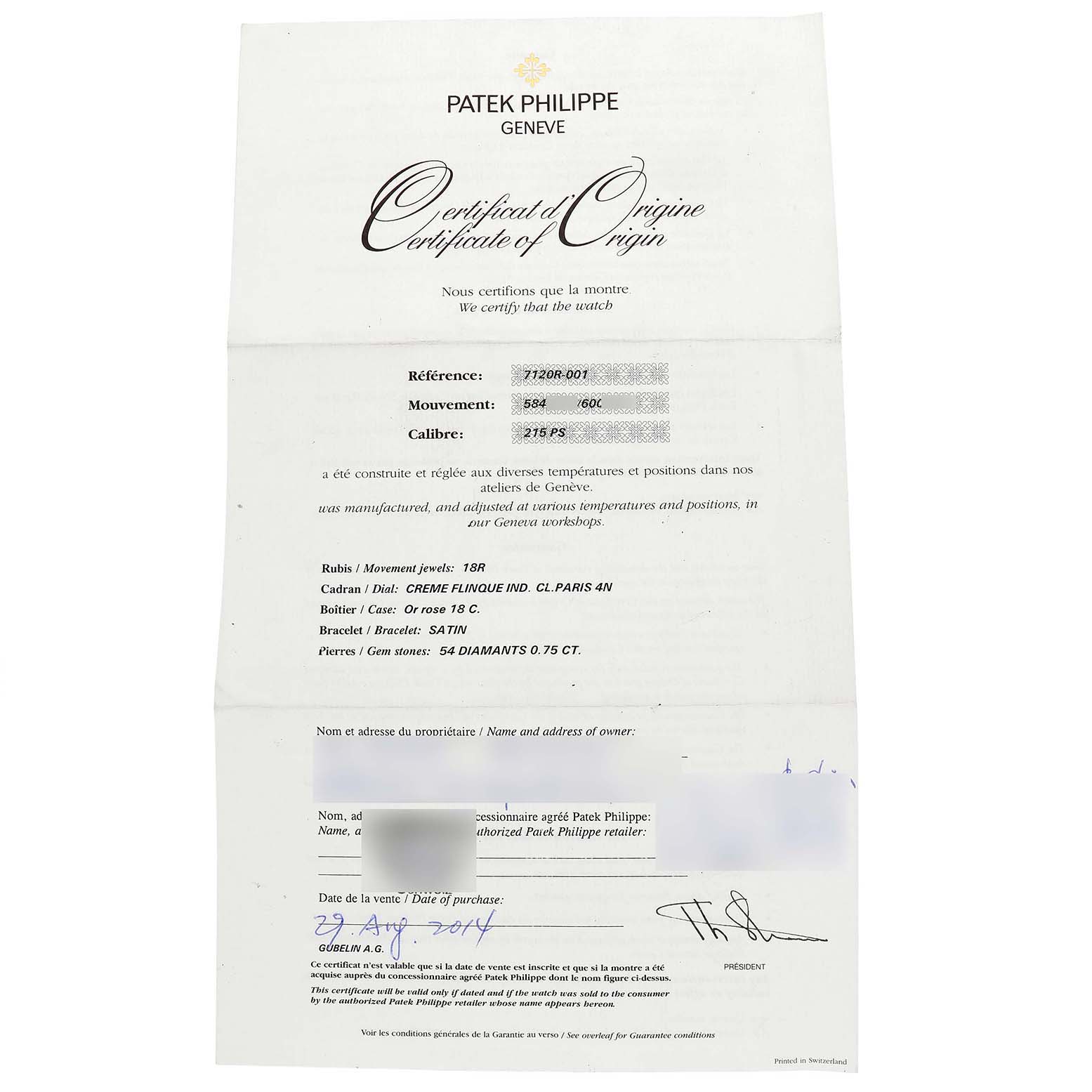 This image shows the Certificate of Origin for a Patek Philippe Calatrava 7120R-001 Women's Rose Gold Beige Dial watch, including model, movement, and material details.