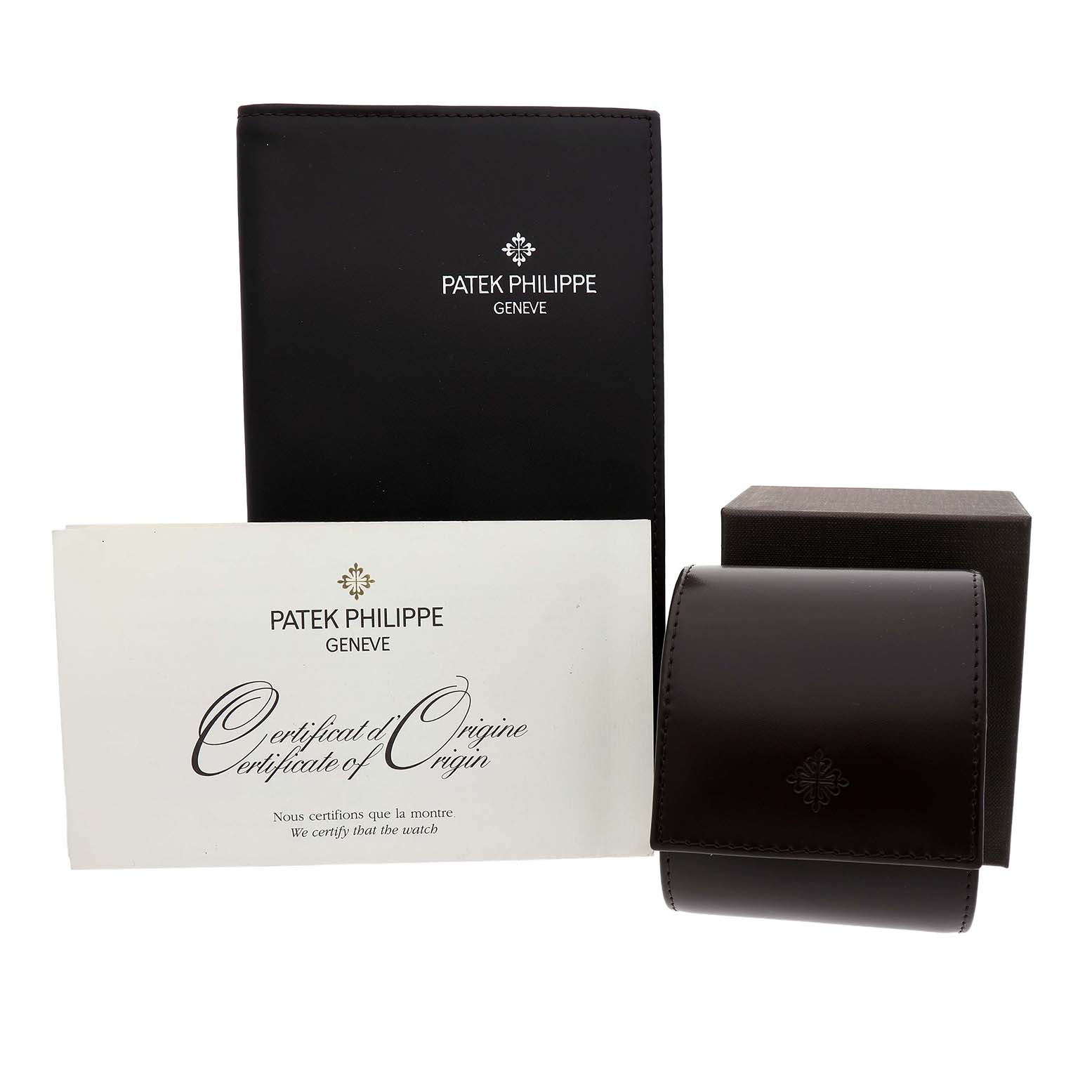 The image shows packaging and paperwork for a Patek Philippe Calatrava 7120R-001 Women's Rose Gold Beige Dial watch, including a box and a Certificate of Origin.