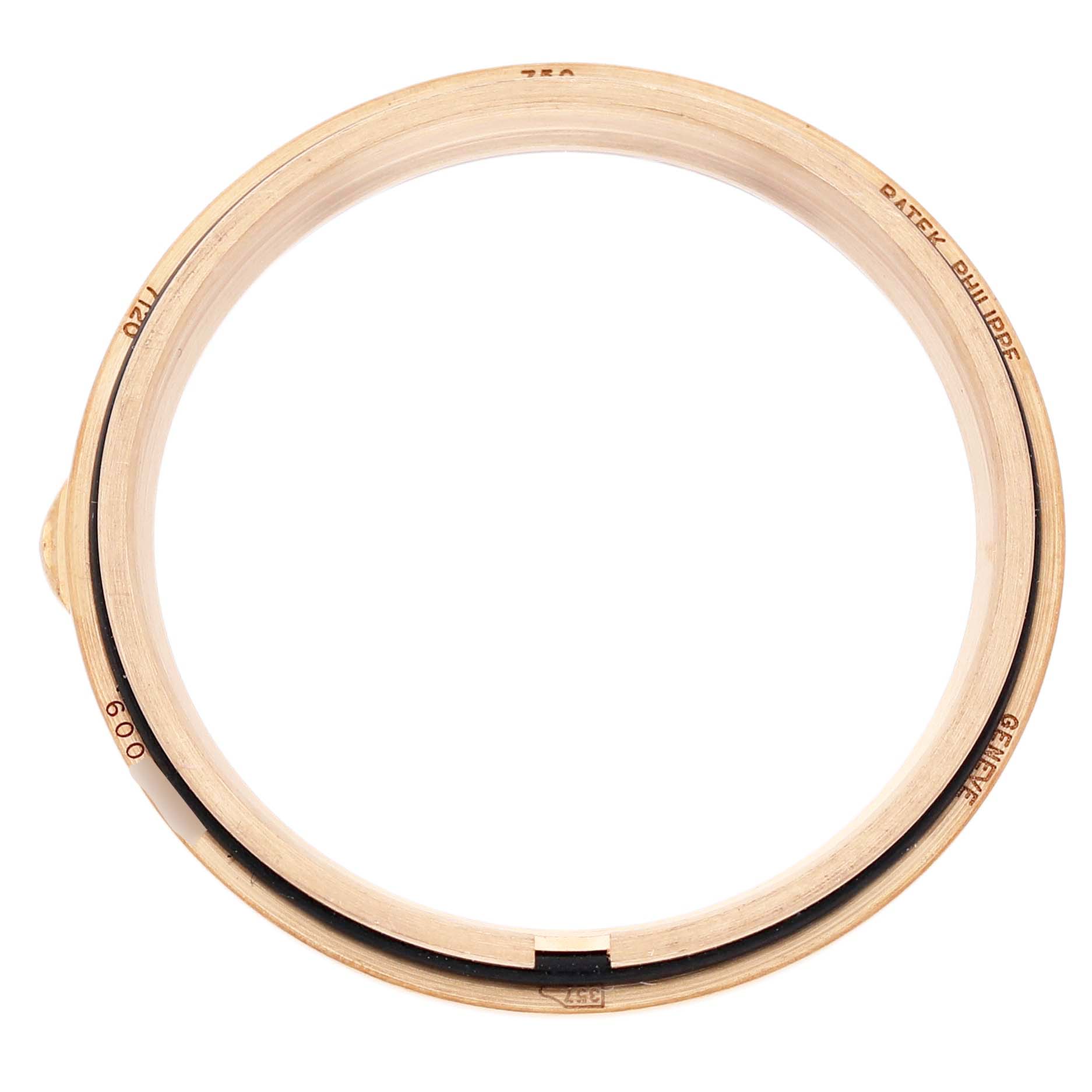 The image shows a Patek Philippe Calatrava 7120R-001 Women's Rose Gold Beige Dial watch case from a top-down angle, focusing on the circular bezel.