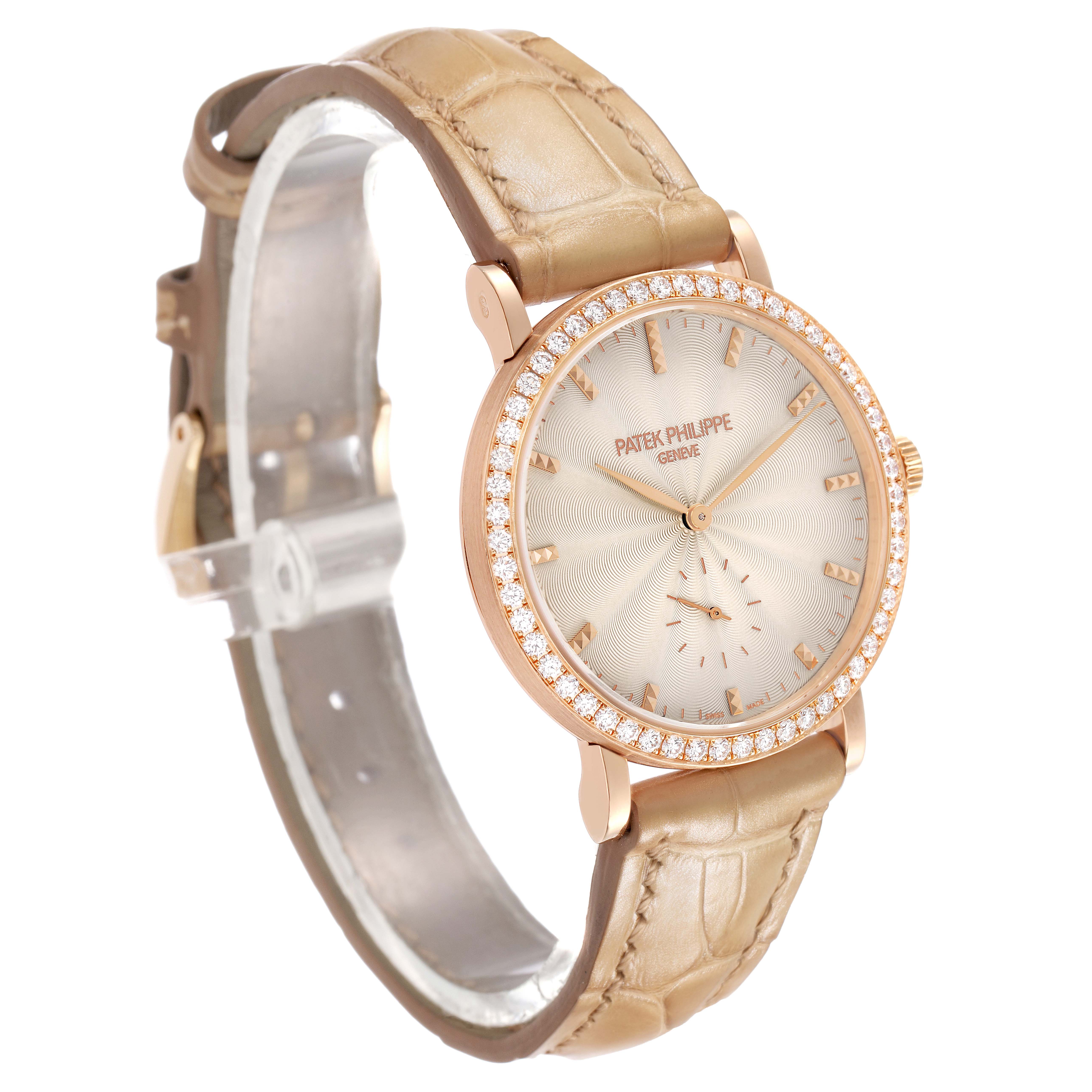 The Patek Philippe Calatrava 7120R-001 Women's Rose Gold Beige Dial watch is shown at a three-quarter angle, displaying the face, diamond bezel, and part of the strap.