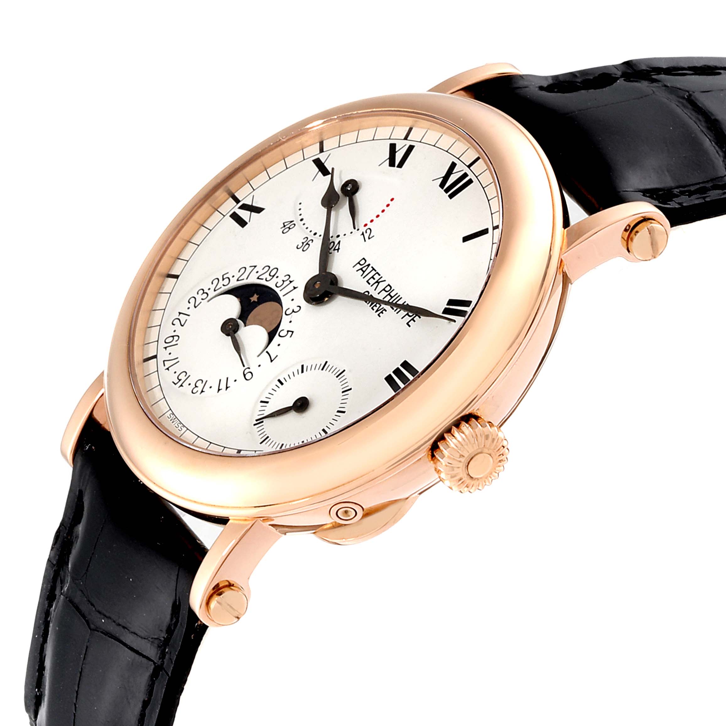 The image shows a side angle of the Patek Philippe Complications 5054 Men's Rose Gold White Dial 5054 Men's Rose Gold White Dial watch, highlighting its dial, crown, and black leather strap.