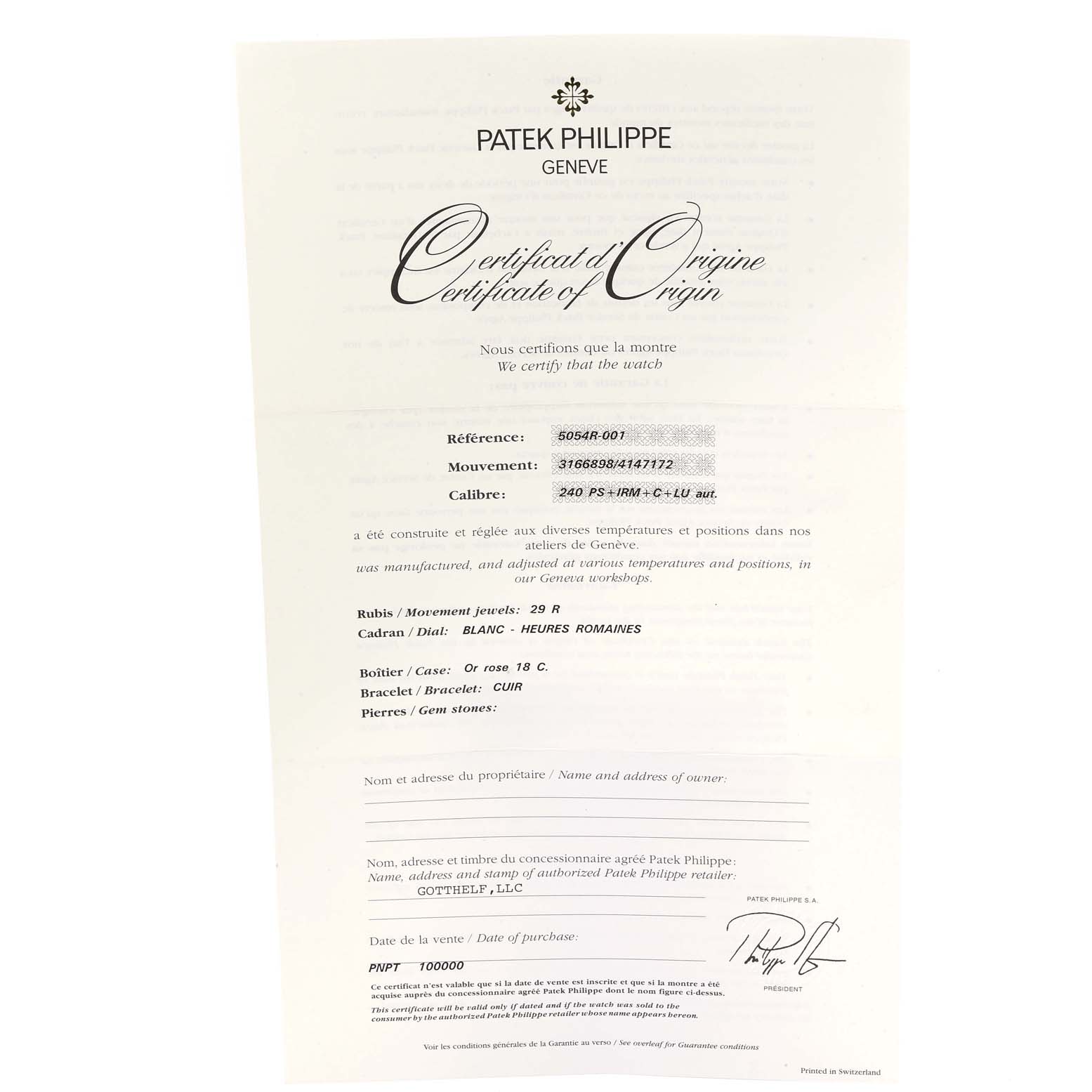 This image shows the Certificate of Origin for the Patek Philippe Complications 5054 Men's Rose Gold White Dial 5054 Men's Rose Gold White Dial model watch, viewed from the front.
