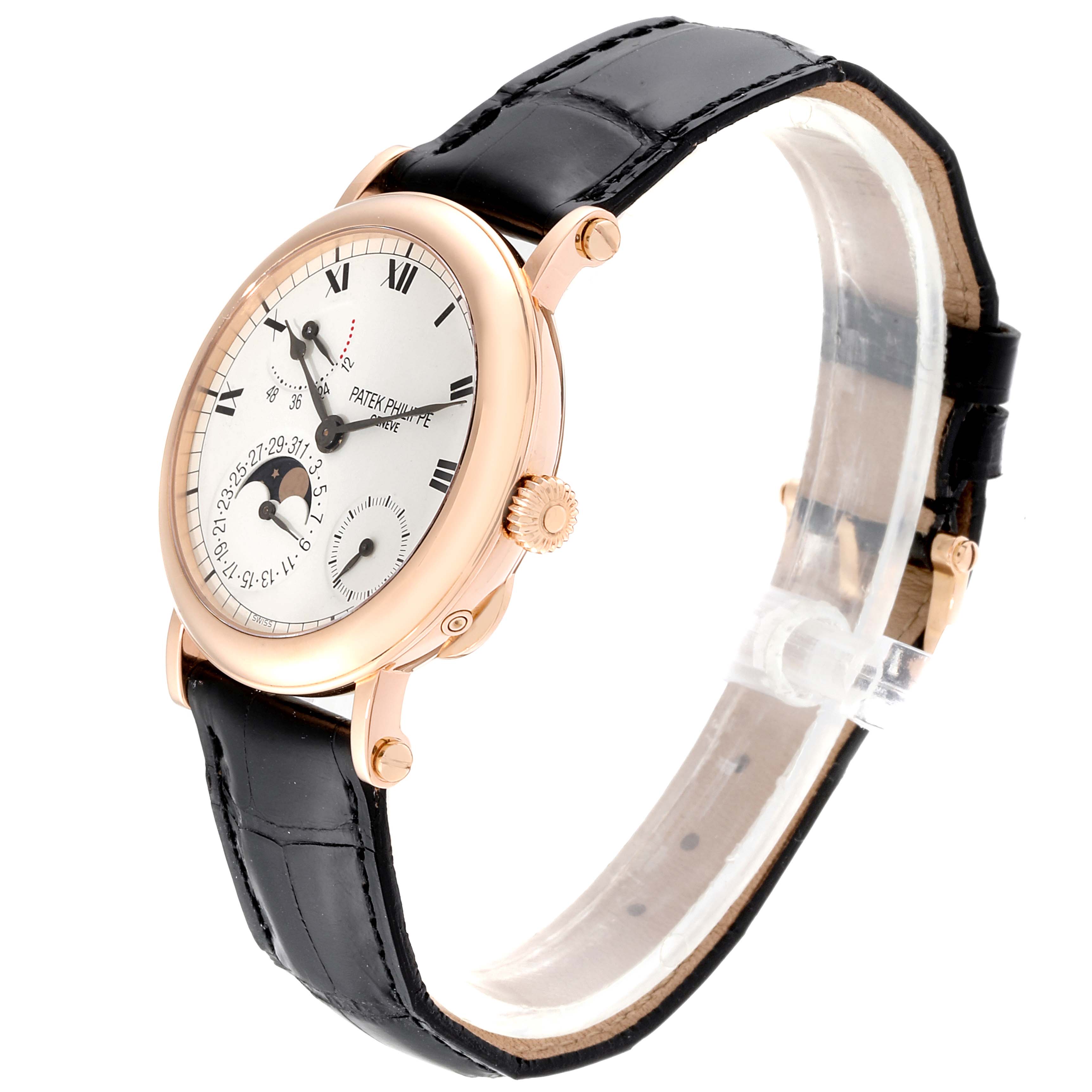 The image shows a side and front angle of a Patek Philippe Complications 5054 Men's Rose Gold White Dial 5054 Men's Rose Gold White Dial watch, highlighting the face, crown, and leather strap.