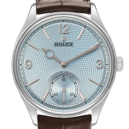 The Rolex 1908 52506 Men's Platinum Blue Dial watch is shown from the front, highlighting its face, dial, and part of the strap.