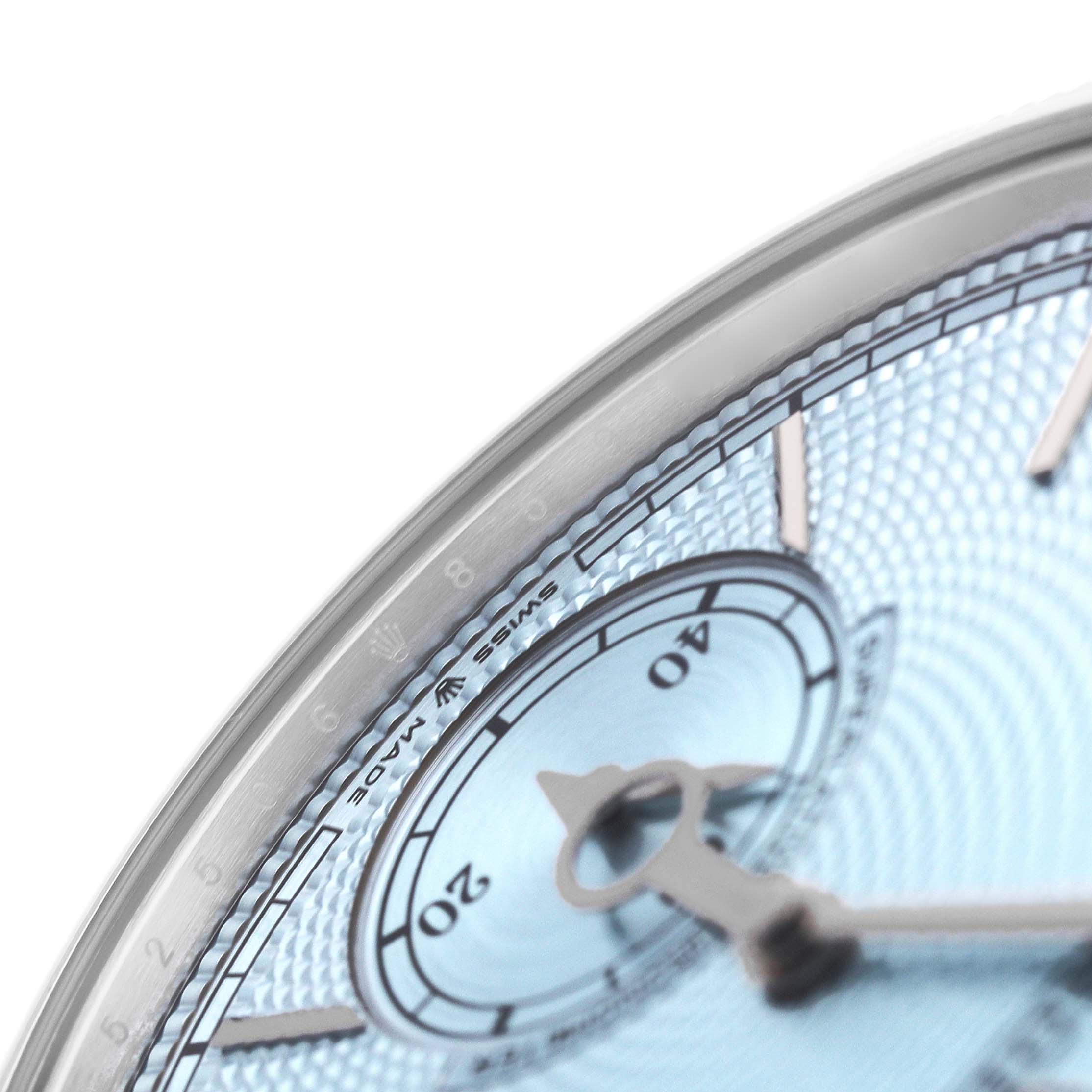 The image shows a close-up of the dial on a Rolex 1908 52506 Men's Platinum Blue Dial model, highlighting the intricate details and numerical markers.