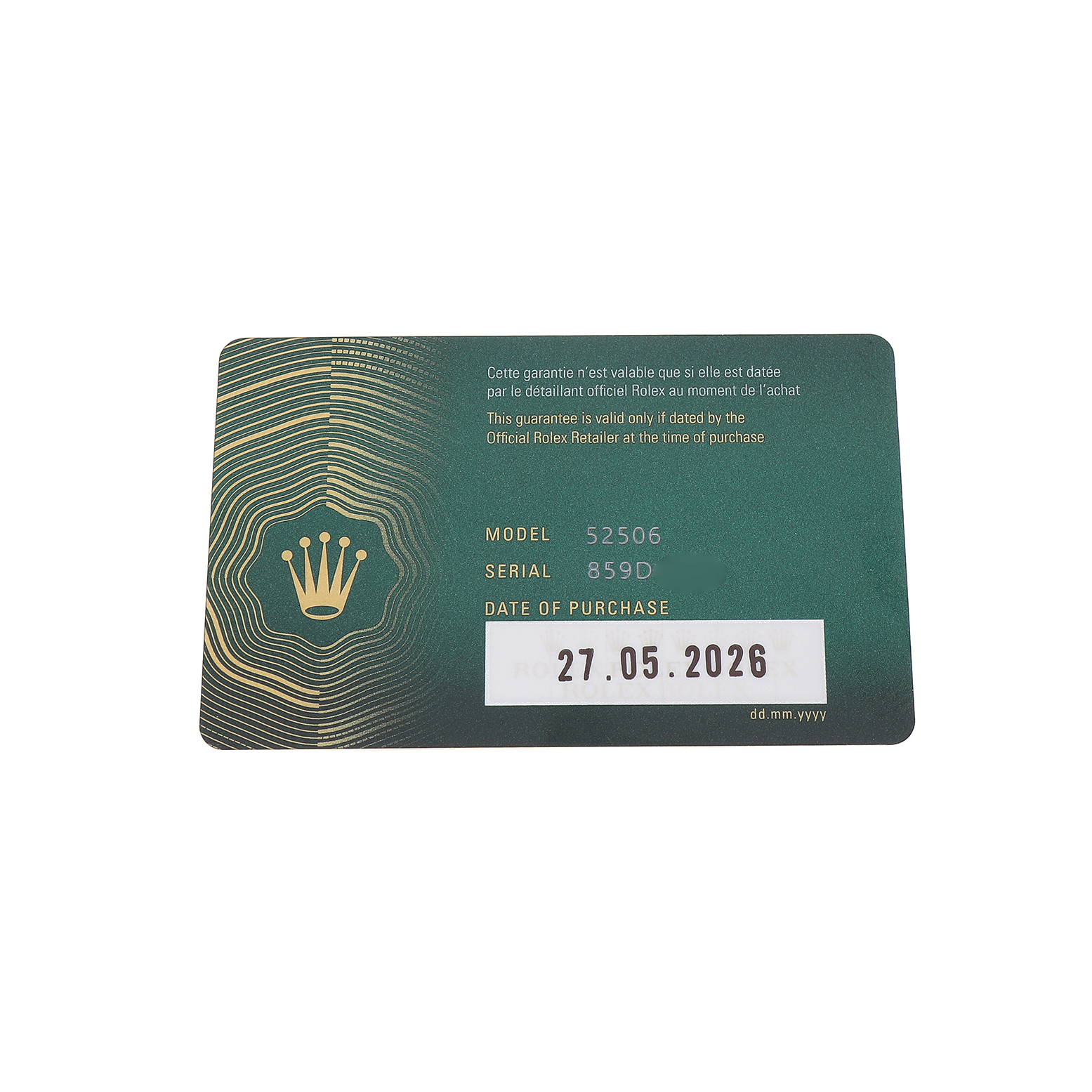 This image shows a warranty card for the Rolex 1908 52506 Men's Platinum Blue Dial model, displaying model and serial numbers with a purchase date.