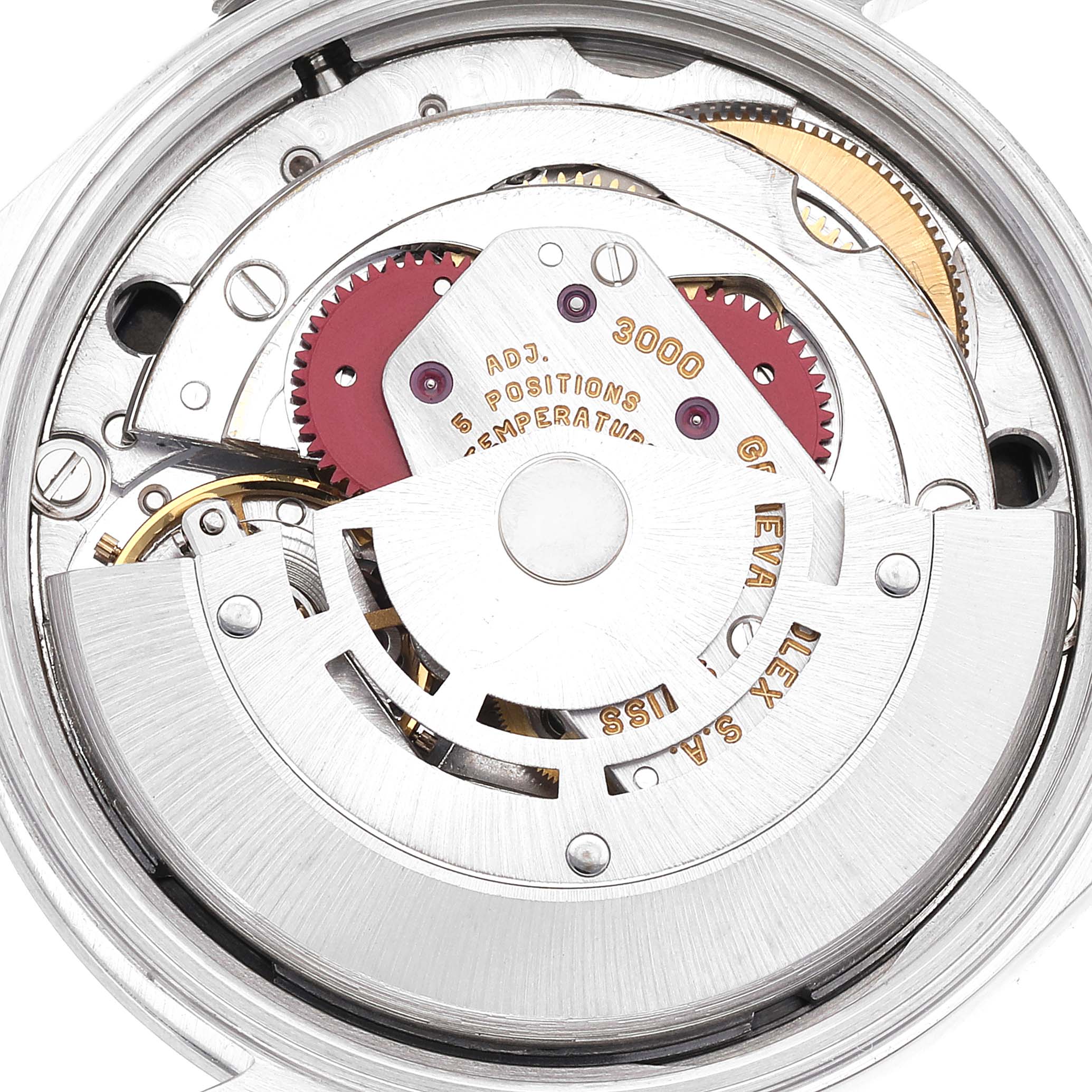 This close-up image shows the intricate internal mechanism of a Rolex Air-King 14000 Men's Stainless Steel Black Dial 14000 Men's Stainless Steel Black Dial watch.