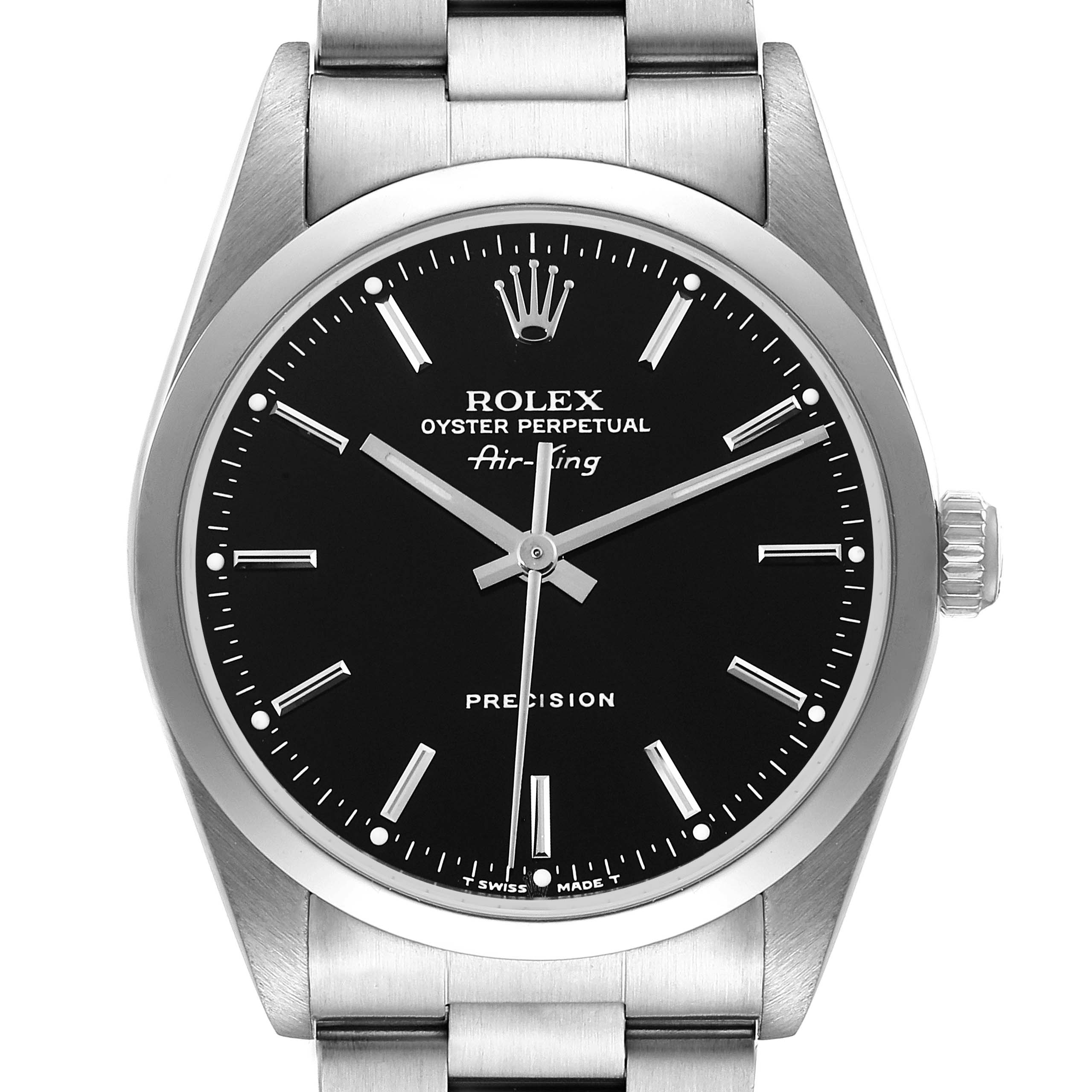 The image shows a front view of the Rolex Air-King 14000 Men's Stainless Steel Black Dial 14000 Men's Stainless Steel Black Dial watch, highlighting its black dial, silver hour markers, and Oyster bracelet.