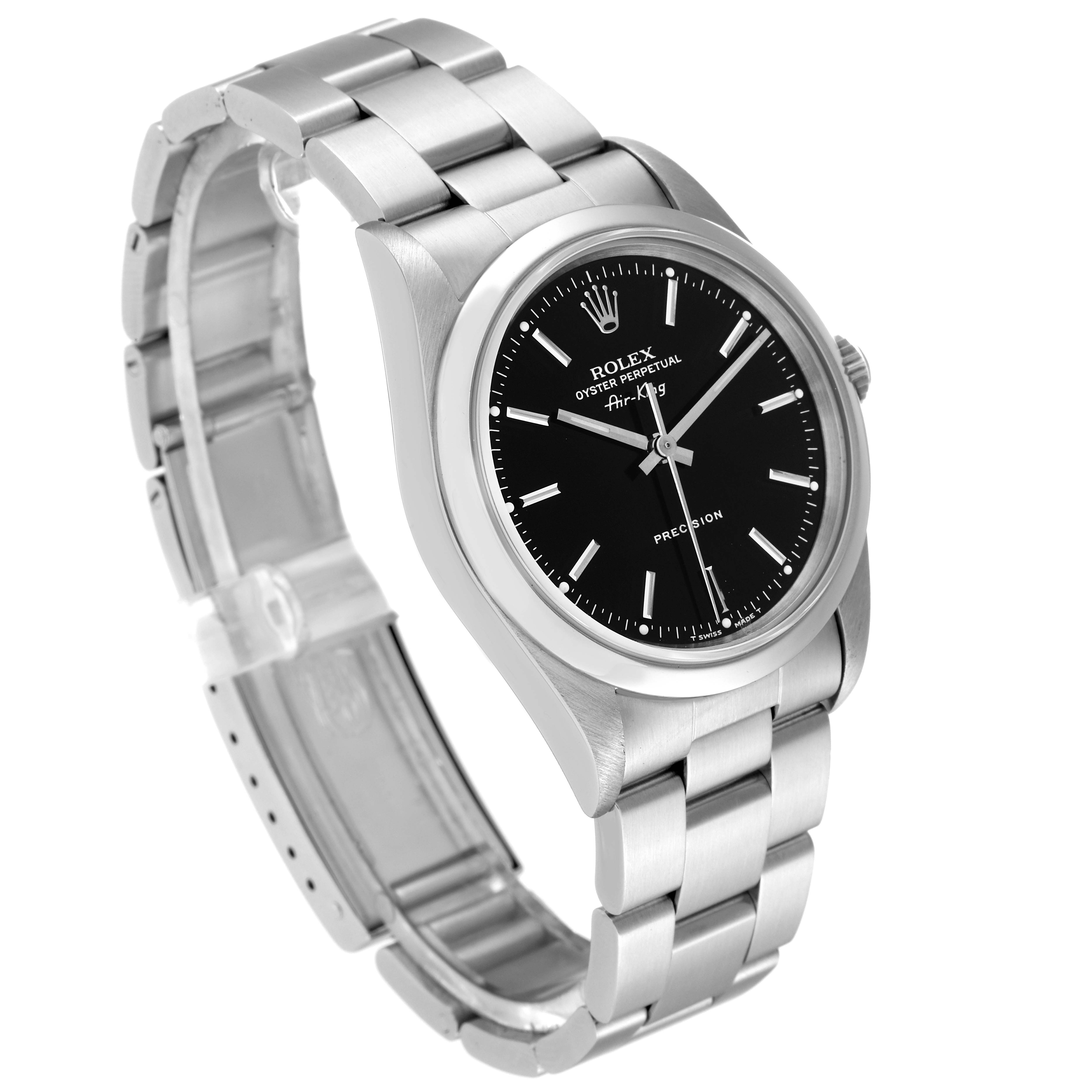 The image shows a Rolex Air-King 14000 Men's Stainless Steel Black Dial 14000 Men's Stainless Steel Black Dial watch at a slight angle, featuring its stainless steel bracelet, black dial, and case.