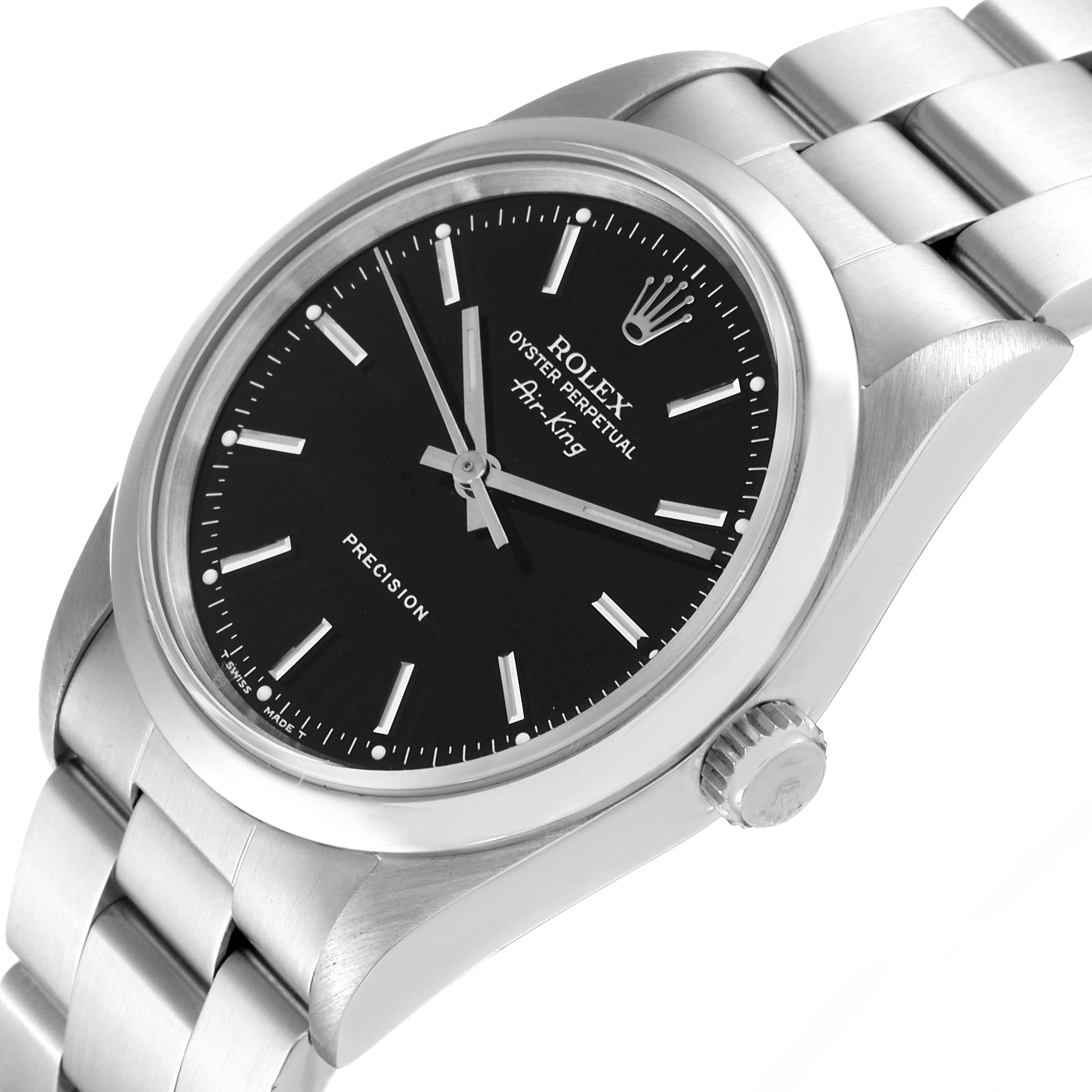 The Rolex Air-King 14000 Men's Stainless Steel Black Dial 14000 Men's Stainless Steel Black Dial watch is shown at an angled view, highlighting the black dial, crown, and stainless steel bracelet.