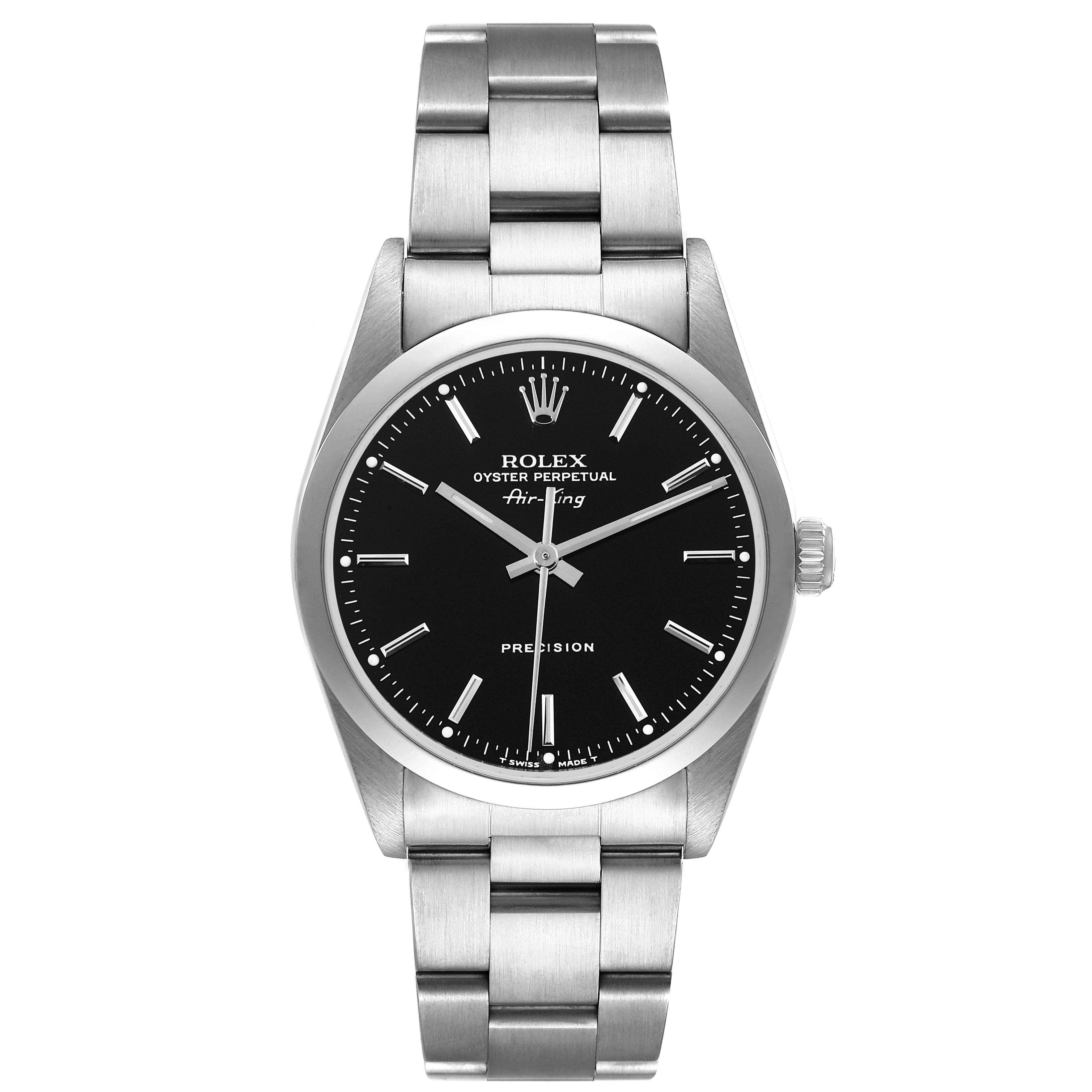 The image shows a front view of the Rolex Air-King 14000 Men's Stainless Steel Black Dial 14000 Men's Stainless Steel Black Dial watch, displaying its black dial, hour markers, hands, and stainless steel bracelet.