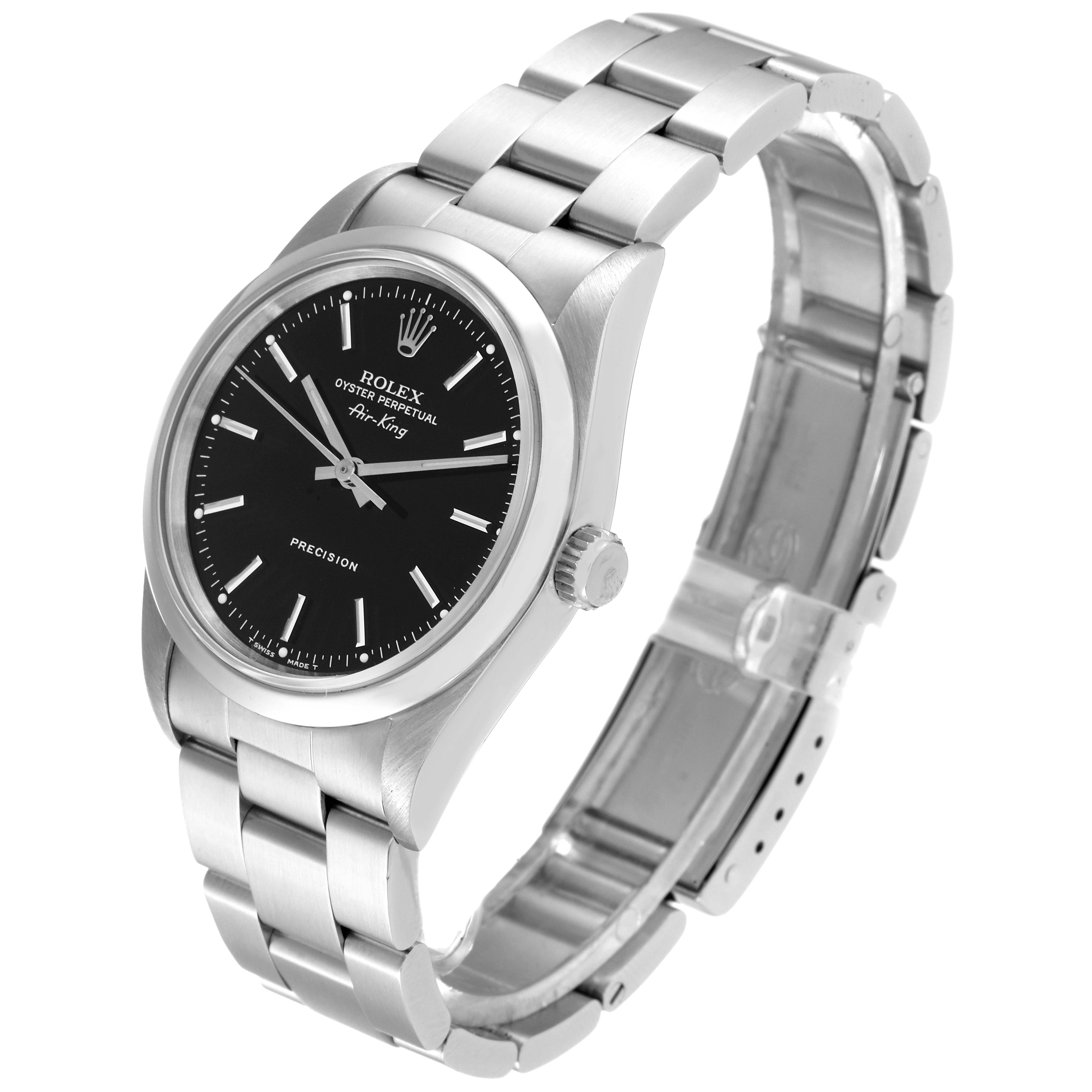 The image shows a Rolex Air-King 14000 Men's Stainless Steel Black Dial 14000 Men's Stainless Steel Black Dial watch at an angled view, highlighting its black dial, stainless steel case, and bracelet.