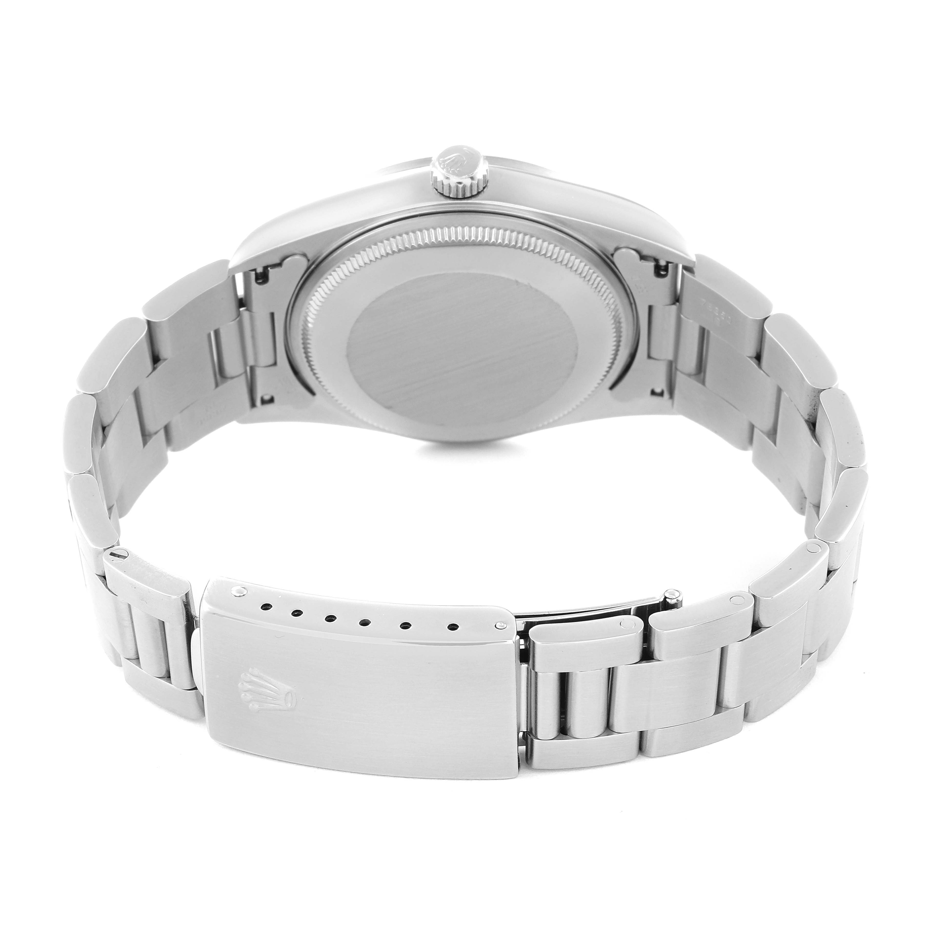 The image shows the back case, crown, and bracelet with clasp of a Rolex Air-King 14000 Men's Stainless Steel Black Dial 14000 Men's Stainless Steel Black Dial watch, viewed from the rear.