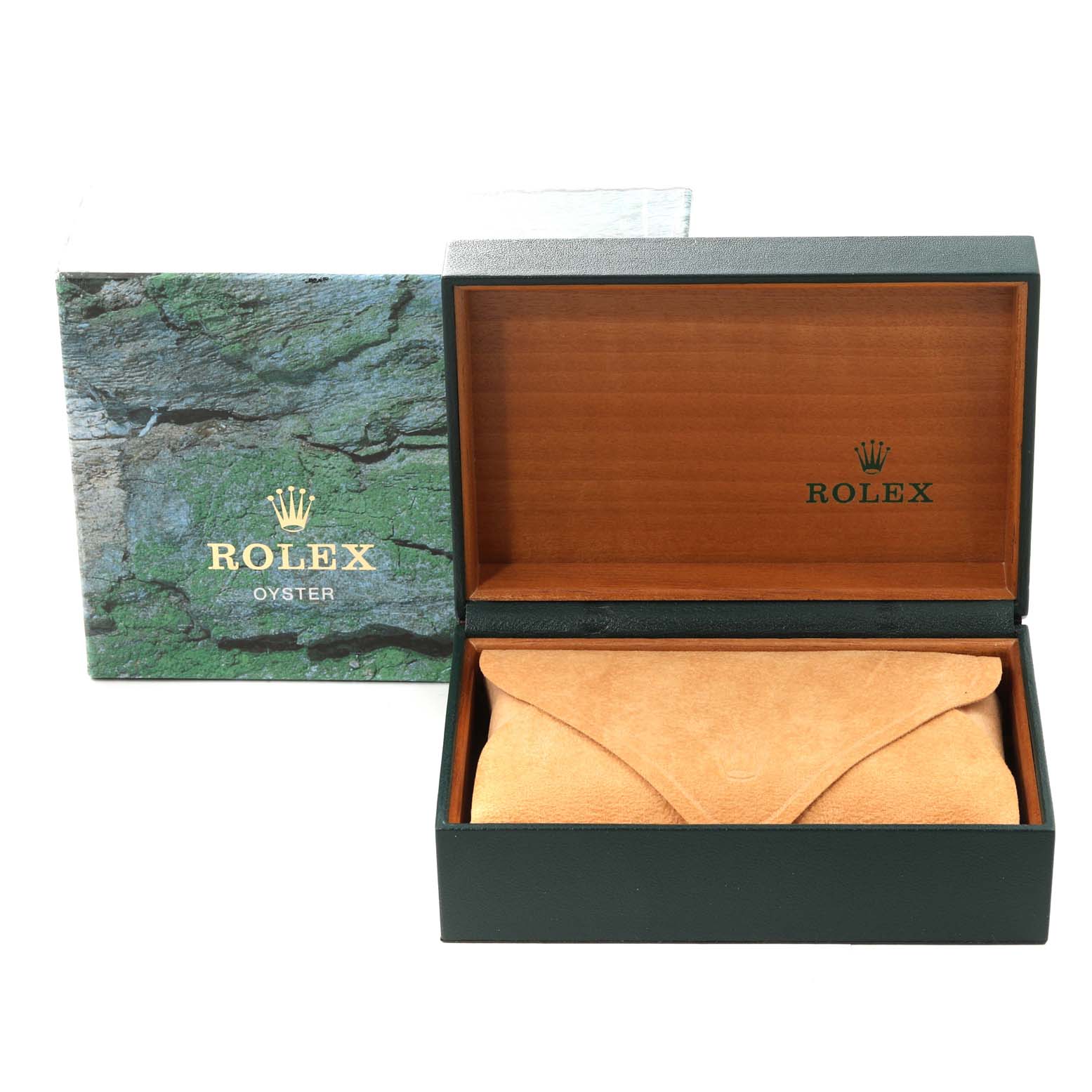 The image shows a Rolex Air-King 14000 Men's Stainless Steel Black Dial 14000 Men's Stainless Steel Black Dial watch box and a suede pouch, with the box open to display its wooden interior.