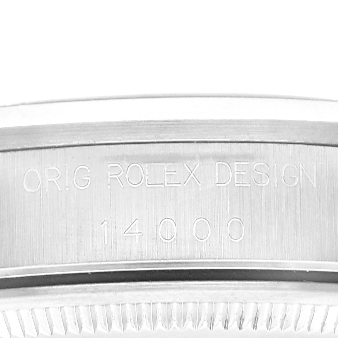 This close-up image shows the side of the case for the Rolex Air-King 14000 Men's Stainless Steel Black Dial 14000 Men's Stainless Steel Black Dial, featuring engraved text with the design details and model number.