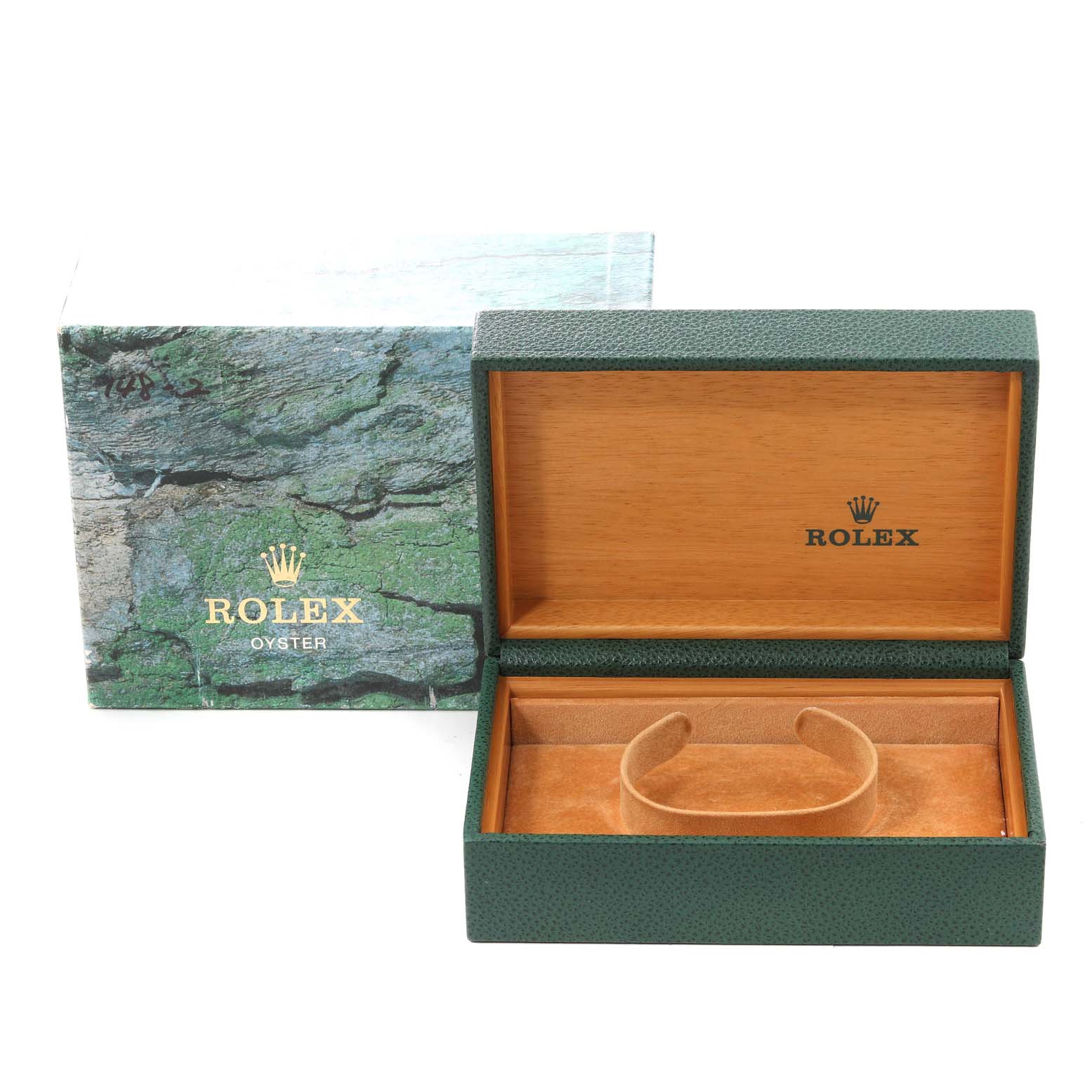 The image shows an open Rolex Air-King 14000 Men's Stainless Steel Black Dial 14000 Men's Stainless Steel Black Dial watch box with the inner cushion, side by side with the outer packaging box.