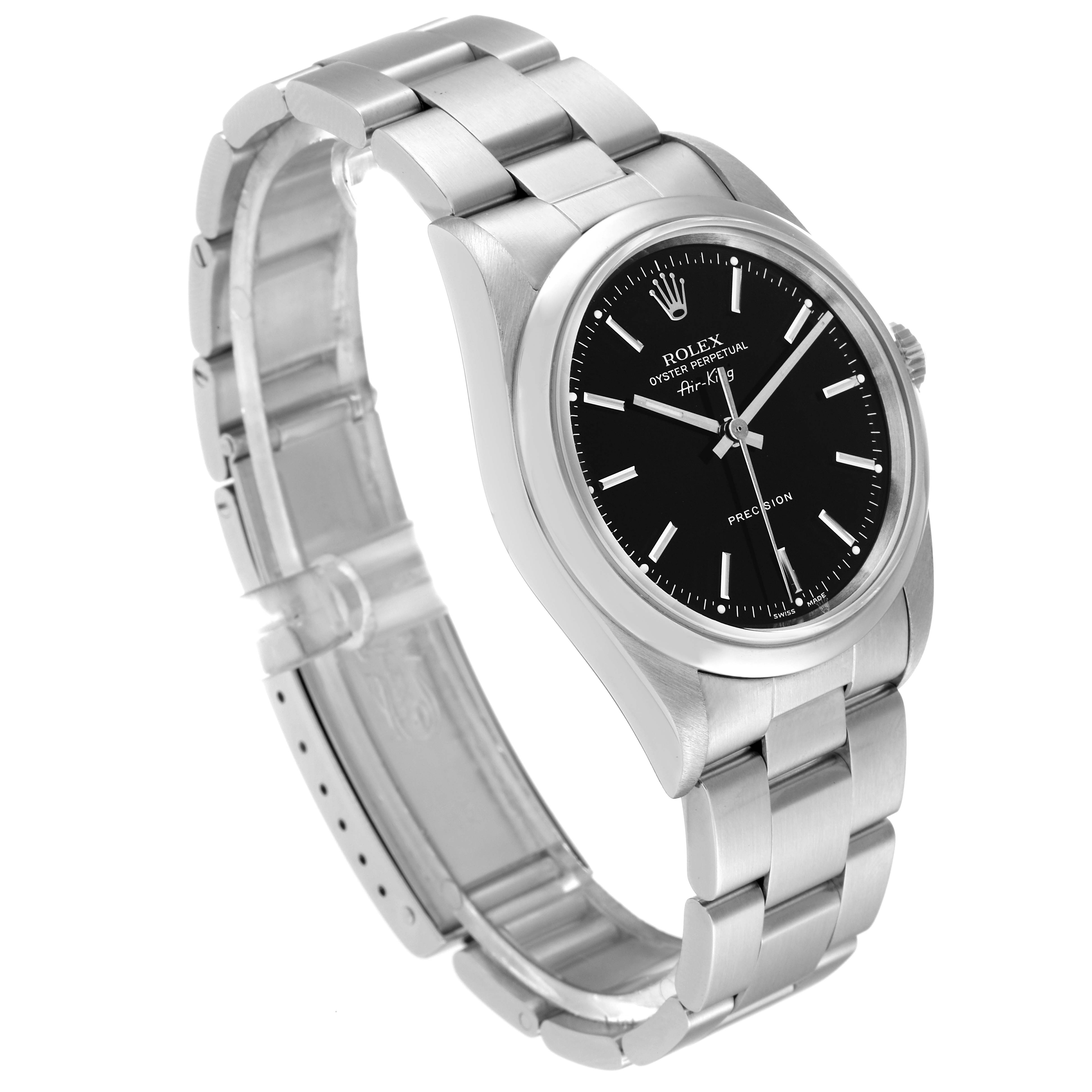 The image shows a side angle view of the Rolex Air-King 14000 Men's Stainless Steel Black Dial 14000 Men's Stainless Steel Black Dial watch, featuring its stainless steel case, bracelet, and black dial.