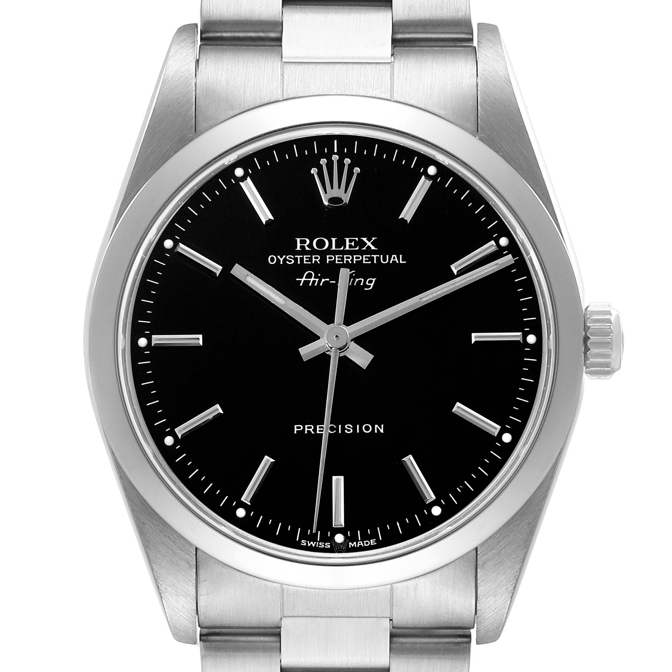 The image shows a front view of the Rolex Air-King 14000 Men's Stainless Steel Black Dial 14000 Men's Stainless Steel Black Dial watch, displaying the dial, hands, crown, and a portion of the bracelet.