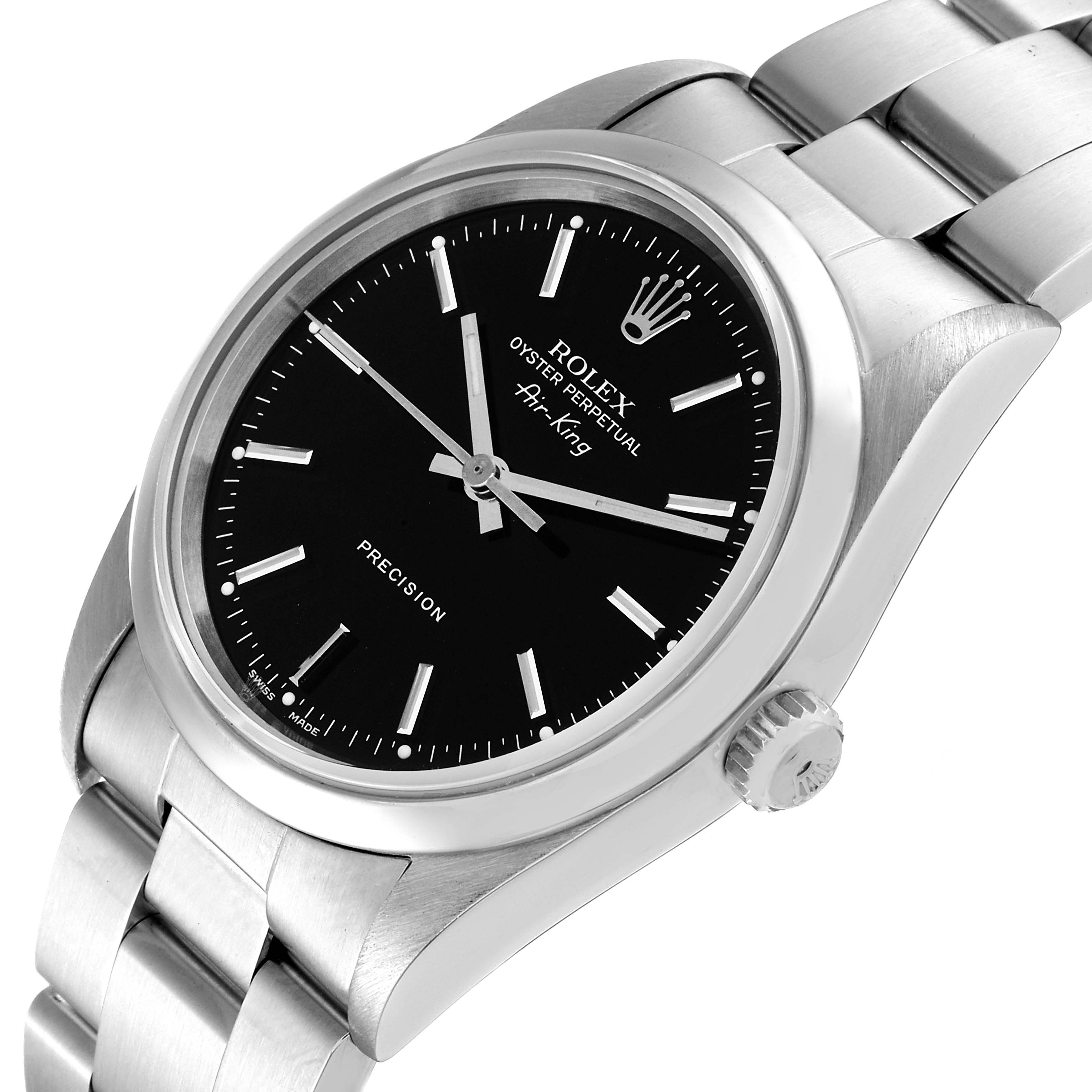 The image shows a Rolex Air-King 14000 Men's Stainless Steel Black Dial 14000 Men's Stainless Steel Black Dial watch from a front angle, highlighting the face, bezel, crown, and bracelet.