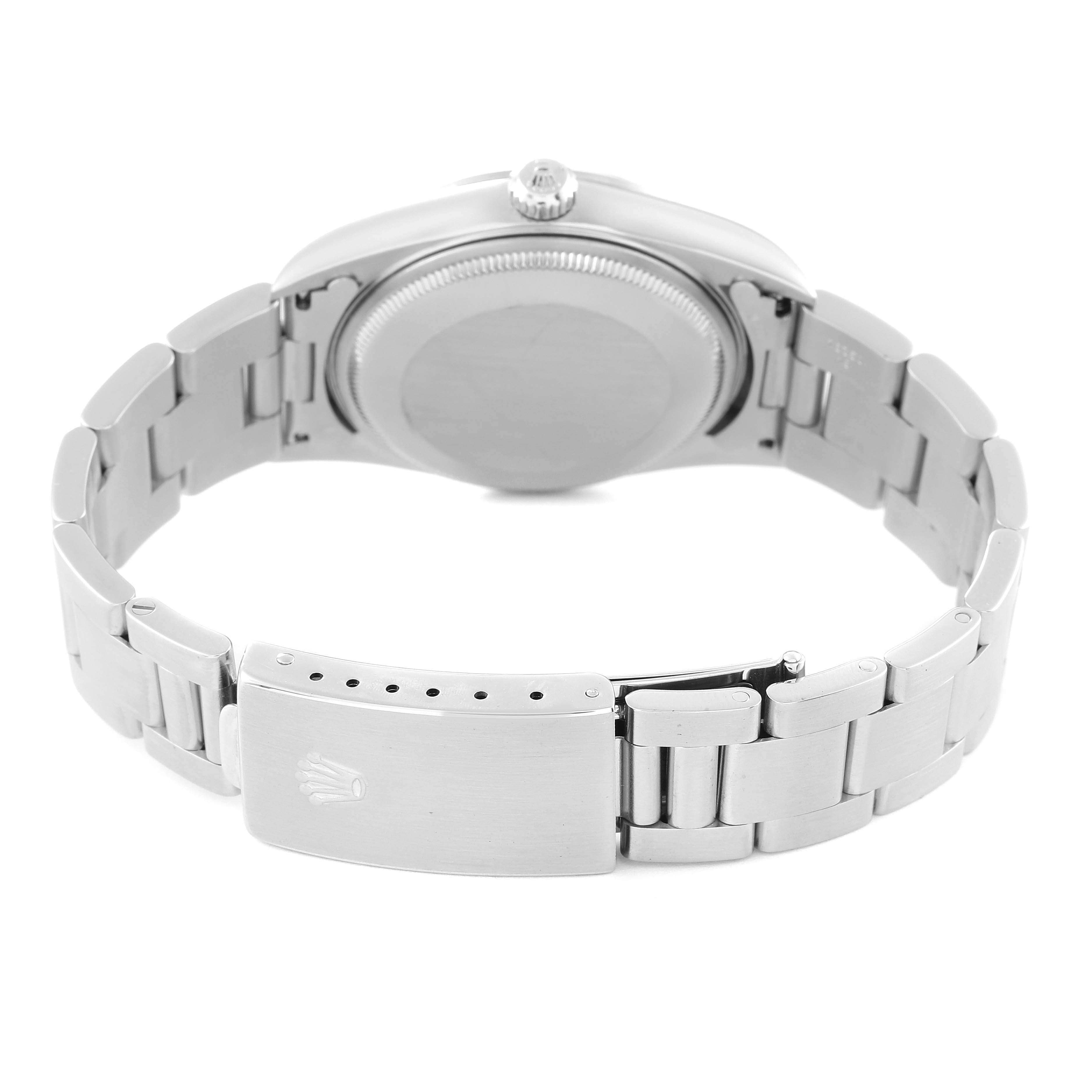 The image shows the back view of a Rolex Air-King 14000 Men's Stainless Steel Black Dial 14000 Men's Stainless Steel Black Dial watch, highlighting its case back, bracelet, and clasp.