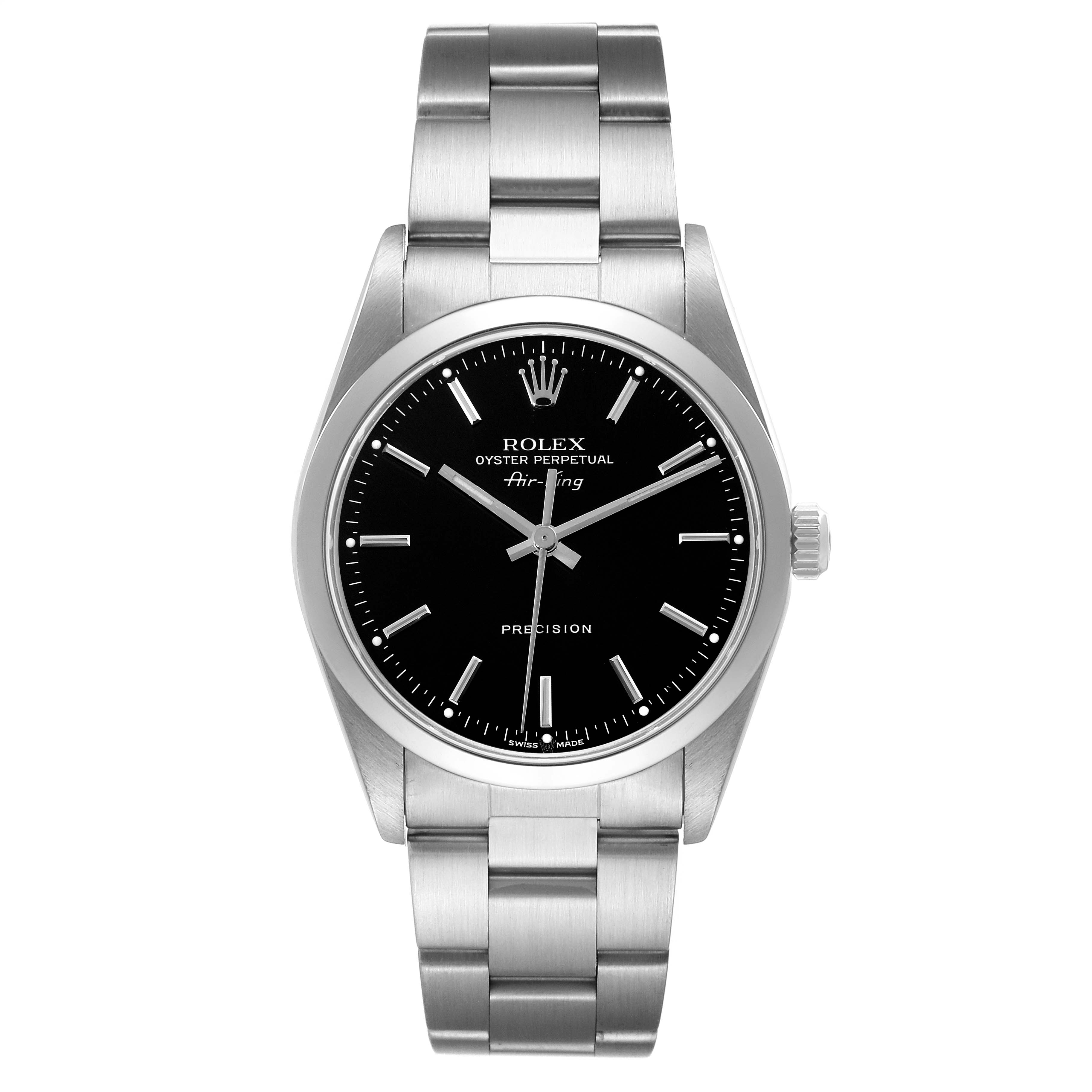 The image shows a front view of the Rolex Air-King 14000 Men's Stainless Steel Black Dial 14000 Men's Stainless Steel Black Dial watch, highlighting its black dial, silver hands, and stainless steel bracelet.