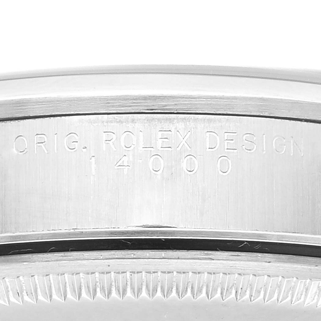 The image shows a close-up of the side of the Rolex Air-King 14000 Men's Stainless Steel Black Dial 14000 Men's Stainless Steel Black Dial watch, highlighting the "ORIG. ROLEX DESIGN" and model number "14000" engraving.