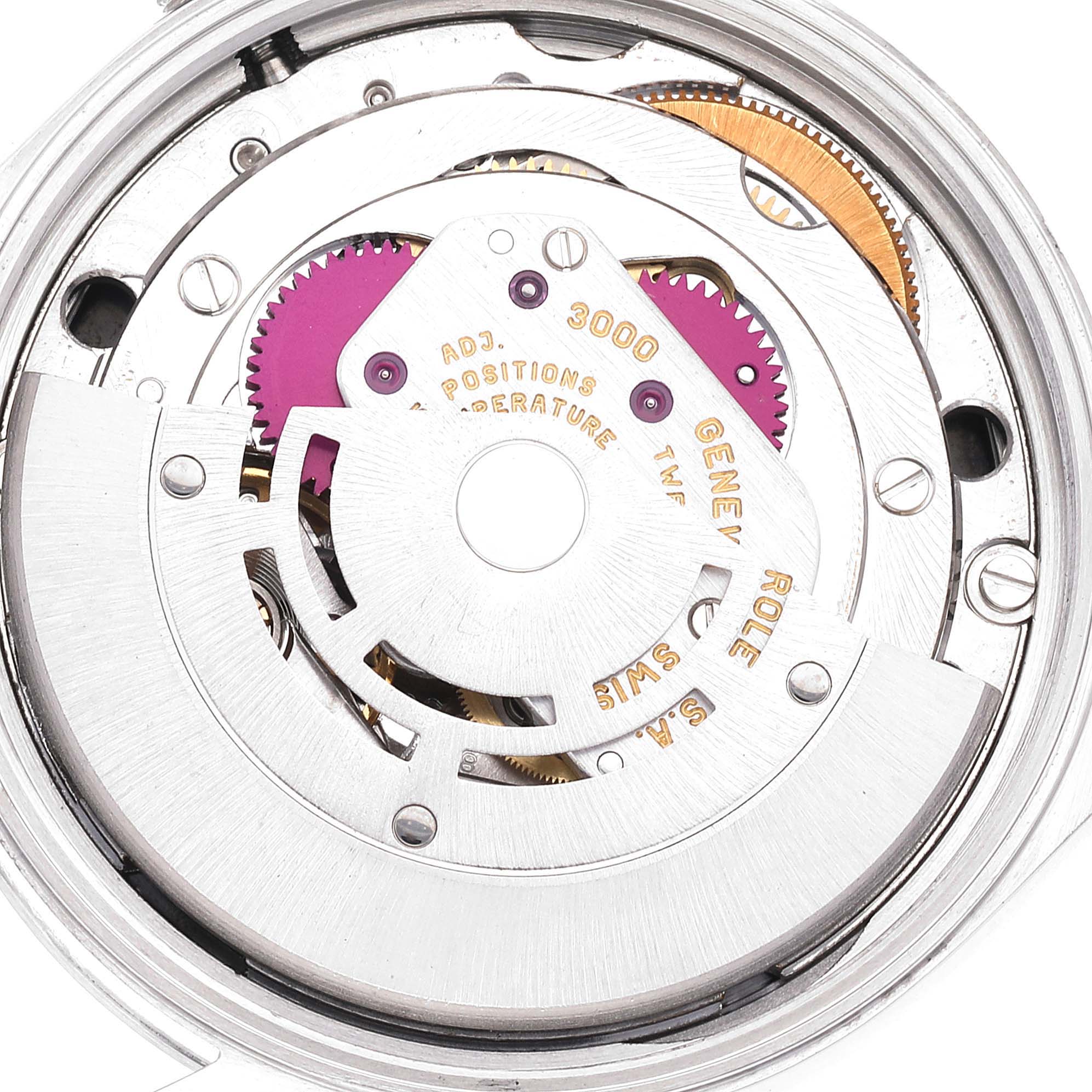 This image shows a close-up of the intricate internal movement mechanism of the Rolex Air-King 14000 Men's Stainless Steel Black Dial 14000 Men's Stainless Steel Black Dial watch model.