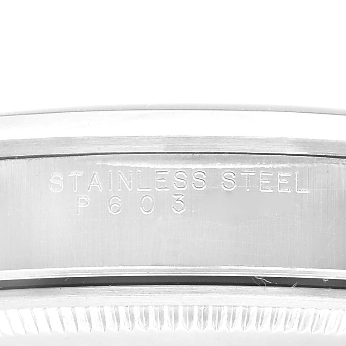 This image shows a close-up of the stainless steel casing of a Rolex Air-King 14000 Men's Stainless Steel Black Dial 14000 Men's Stainless Steel Black Dial model watch.